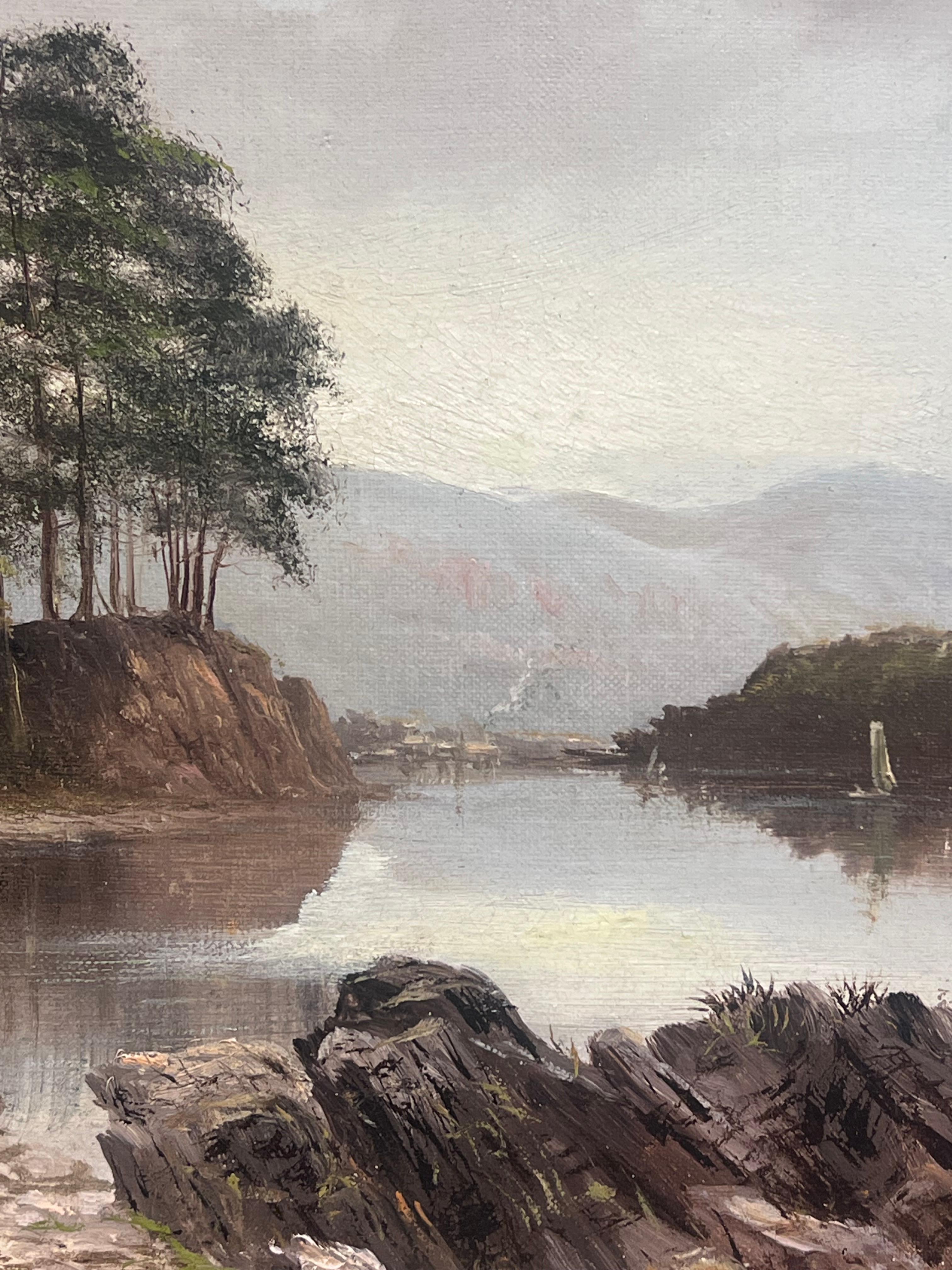 Antique English Signed Oil Painting 1902 Tranquil Derwentwater Lake District For Sale 5