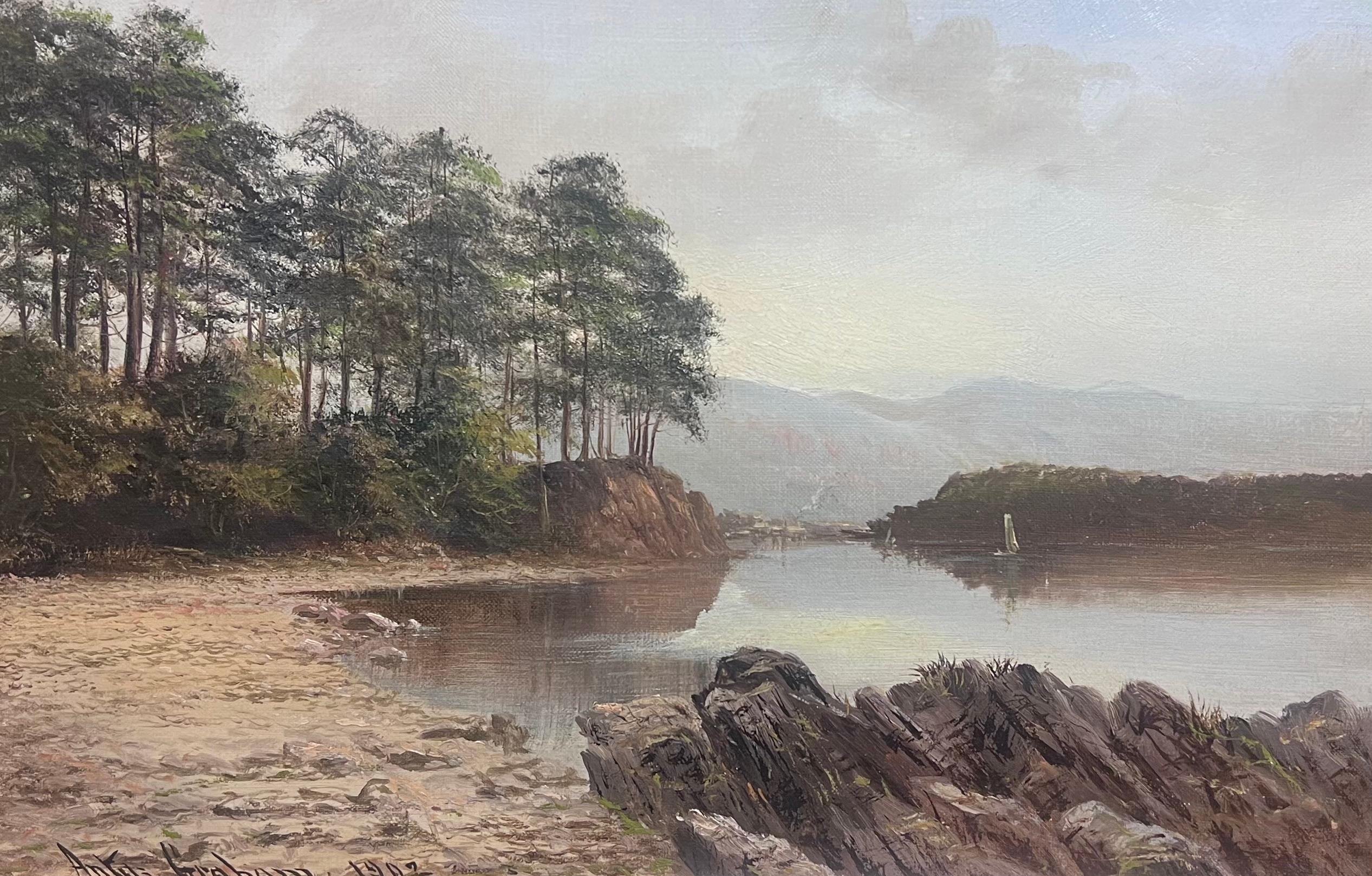 Arthur Graham Landscape Painting - Antique English Signed Oil Painting 1902 Tranquil Derwentwater Lake District
