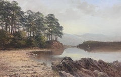 Antikes englisches signiertes Ölgemälde 1902 Tranquil Derwentwater Lake District, Tranquil