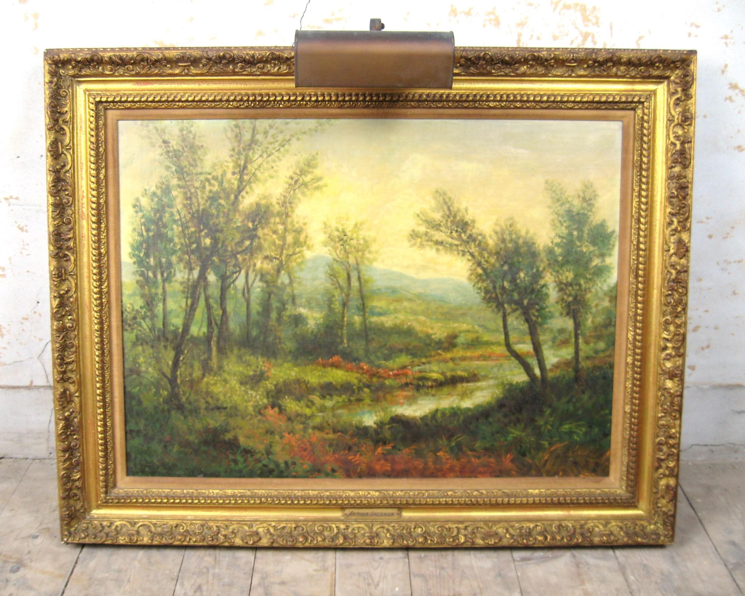 Wunderschöne ruhige ländliche Szene auf diesem Öl auf Leinwand Arthur Greenus Gemälde. Ein wenig über den Künstler unten 

Geboren im Jahr 1919. Aktiv in den Vereinigten Staaten und bekannt für Landschaften. Dieses Stück zeigt eine Lichtung im Wald.