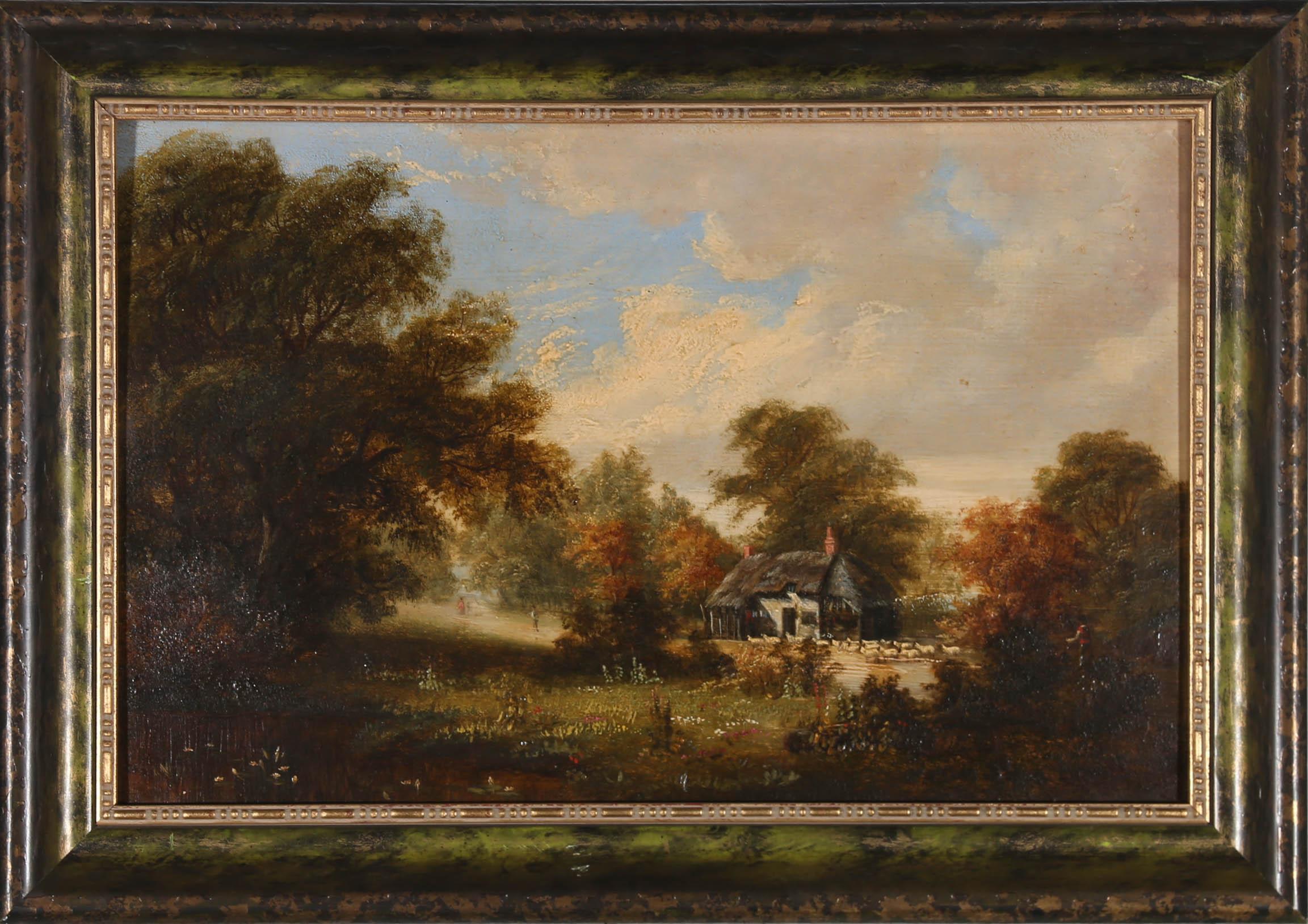 A stunning oil landscape by Arthur H. Davis, depicting a local shepherd herding his sheep to market. Davis has set the rural scene with soft and delicate tree, accompanied by wild woodland flower. Further to the background two more figures can be