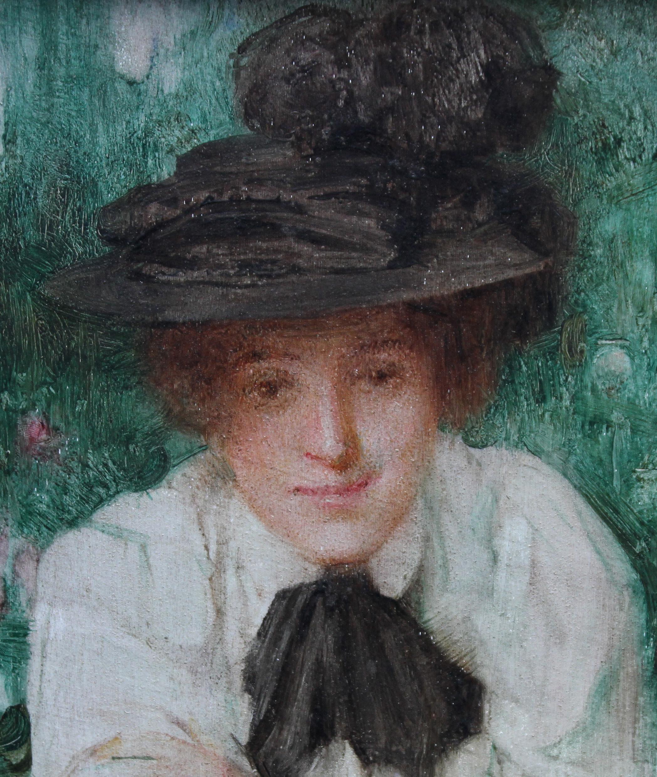 Porträt einer edwardianischen Dame – britisches impressionistisches Ölgemälde mit schwarzem Hut (Impressionismus), Painting, von Arthur Hacker