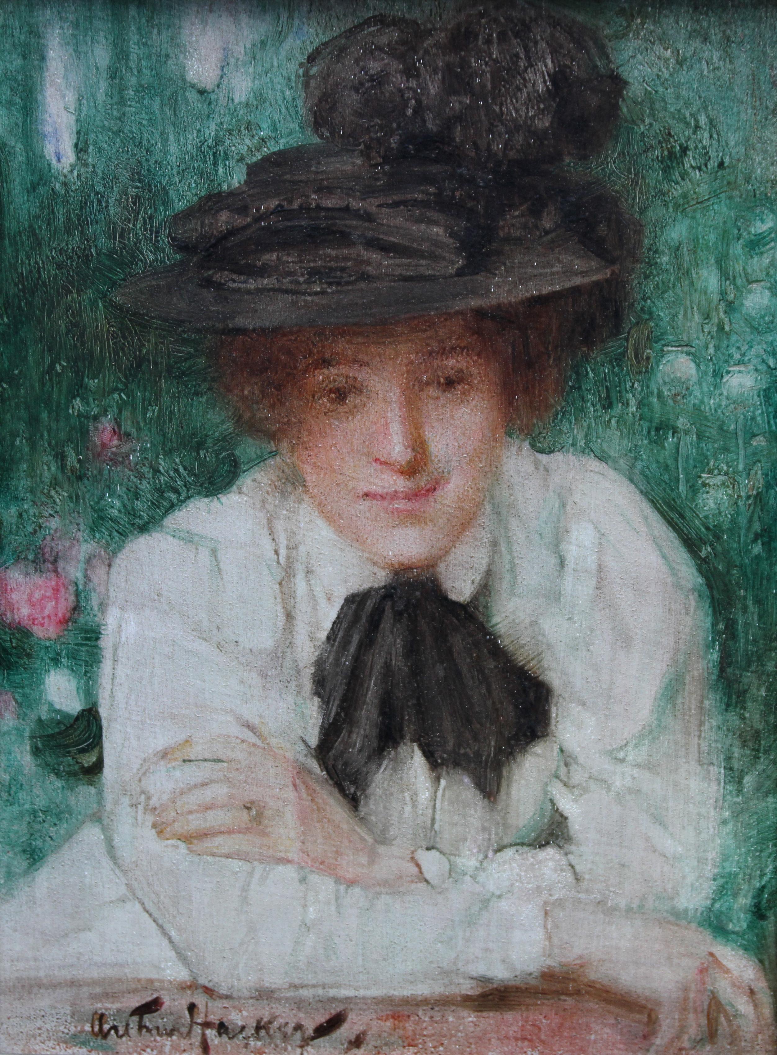 Portrait of an Edwardian Lady - British art Impressionist oil painting black hat For Sale 1