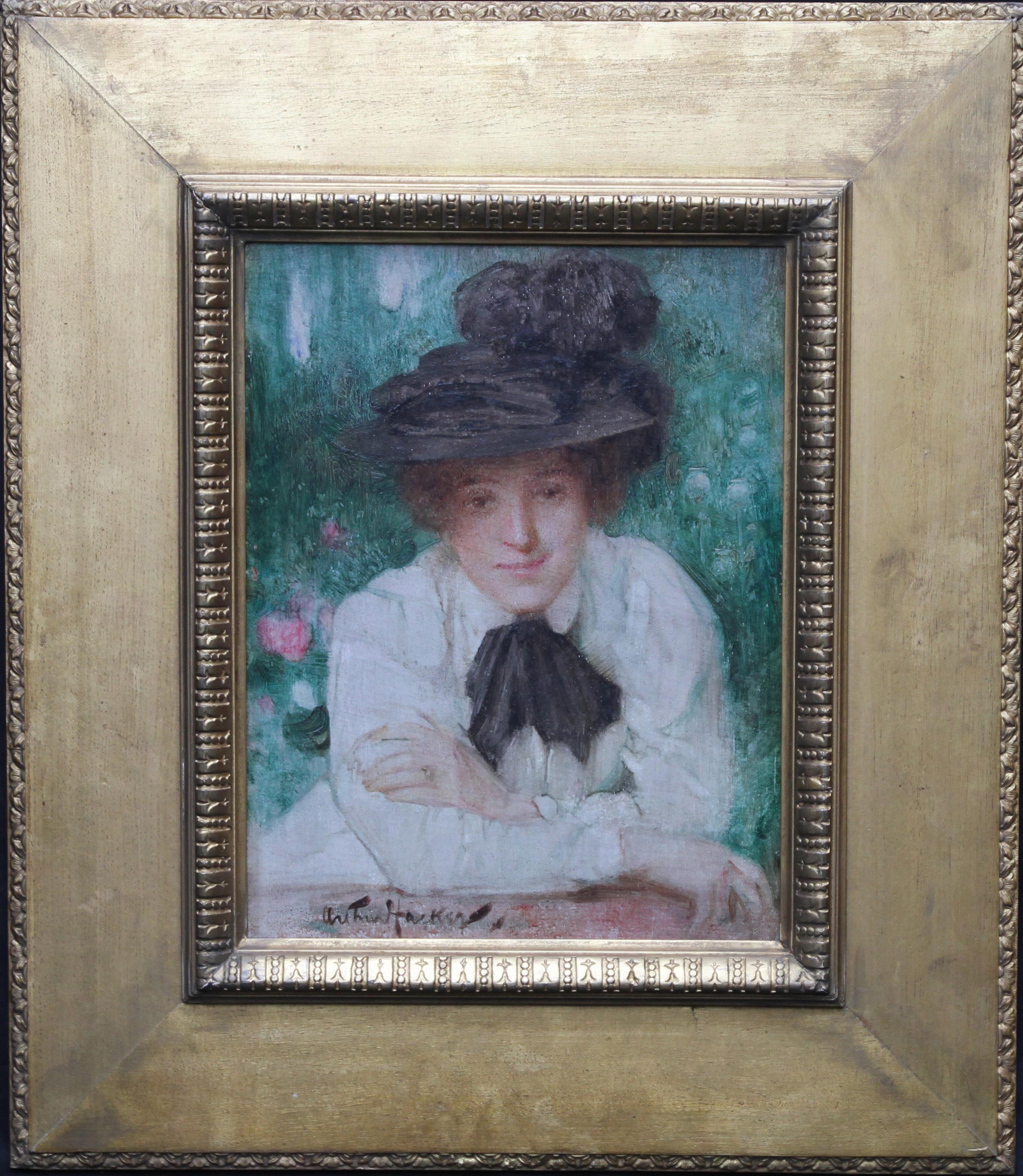 Portrait of an Edwardian Lady - British art Impressionist oil painting black hat For Sale 3