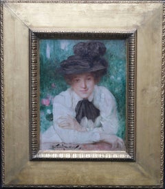 Antique Portrait of an Edwardian Lady - British art Impressionist oil painting black hat