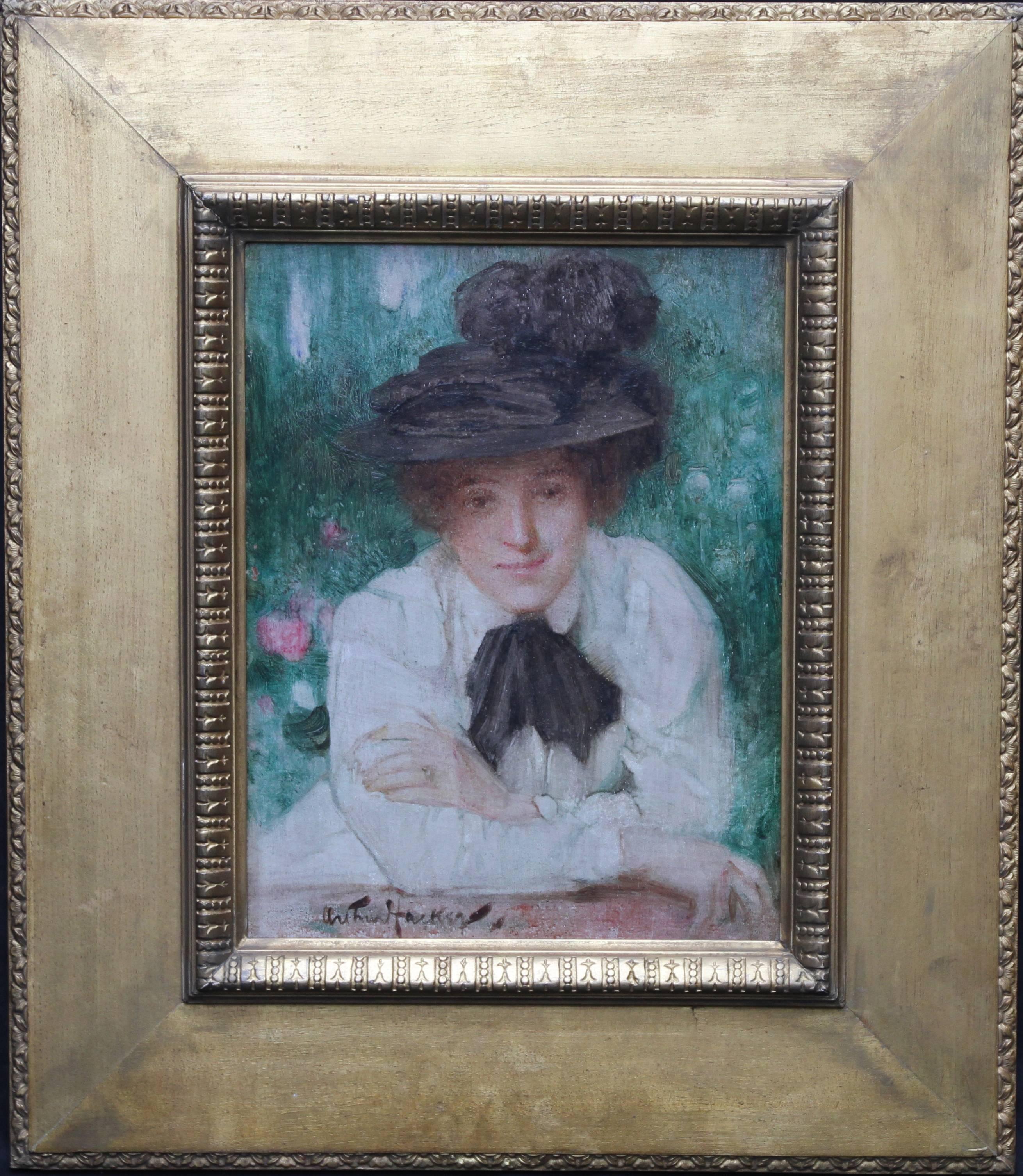 Arthur Hacker Portrait Painting – Porträt einer edwardianischen Dame – britisches impressionistisches Ölgemälde mit schwarzem Hut