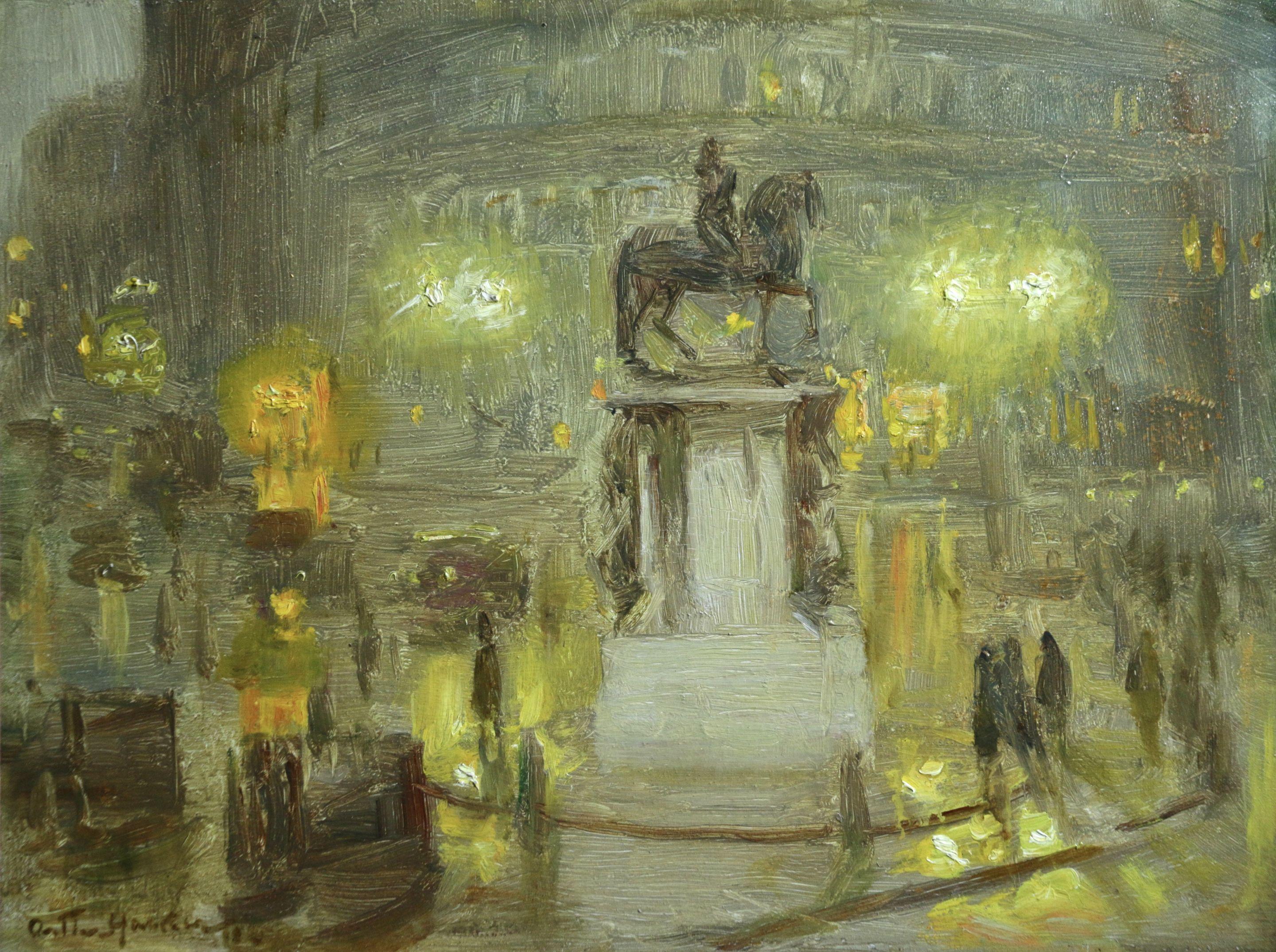 Arthur Hacker Figurative Painting - "Trafalgar Square - Night" Hacker C.19th English Impressionist Figures Landscape