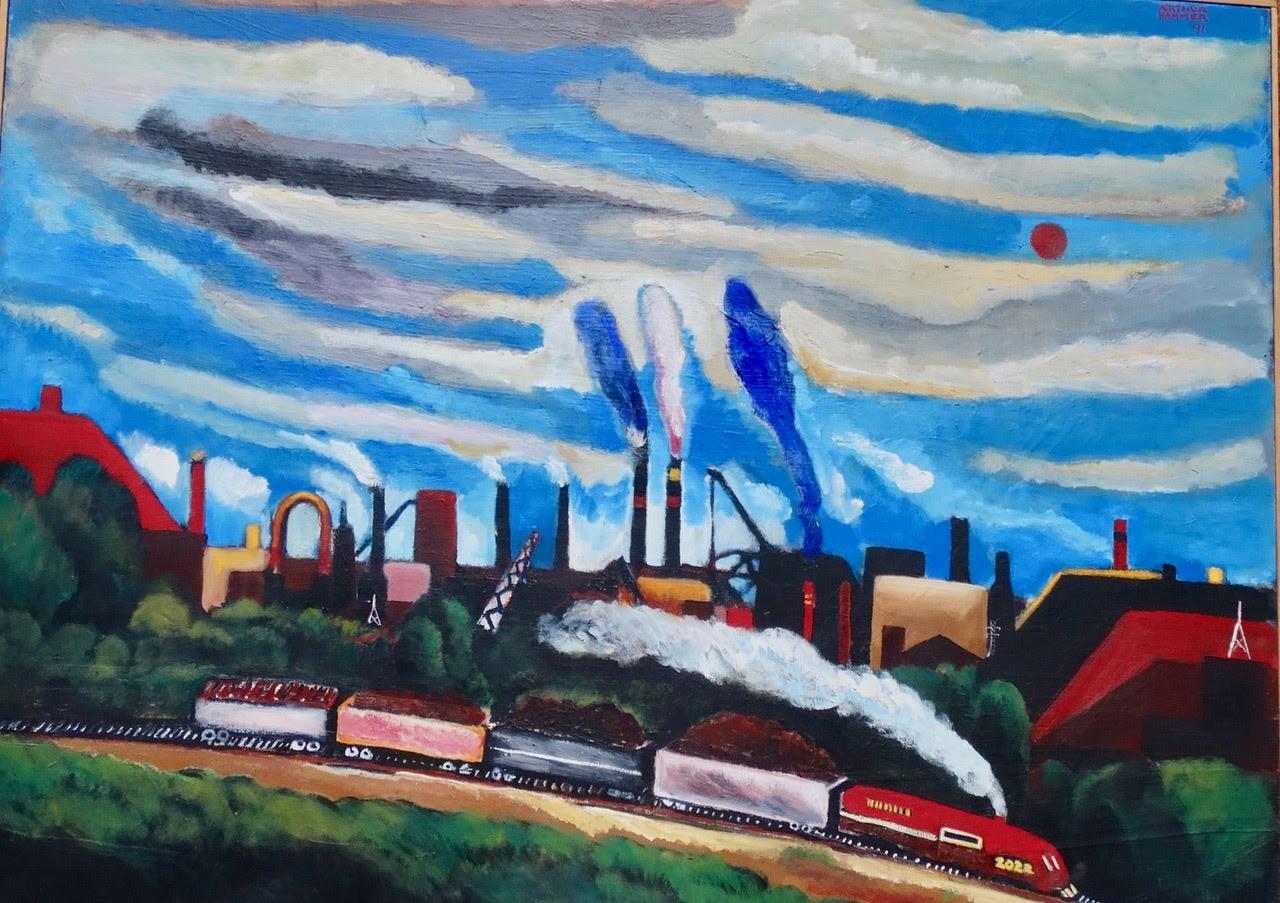 Arthur Hammer Landscape Painting - Homeward Bound (Contemporary American painting of Train Rolling Past the City)