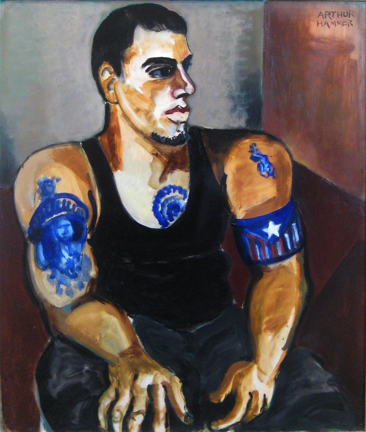Arthur Hammer Nude Painting - Portrait of Johnny with Tattoos (Male seated w/ tattoos of Puerto Rican Flag)