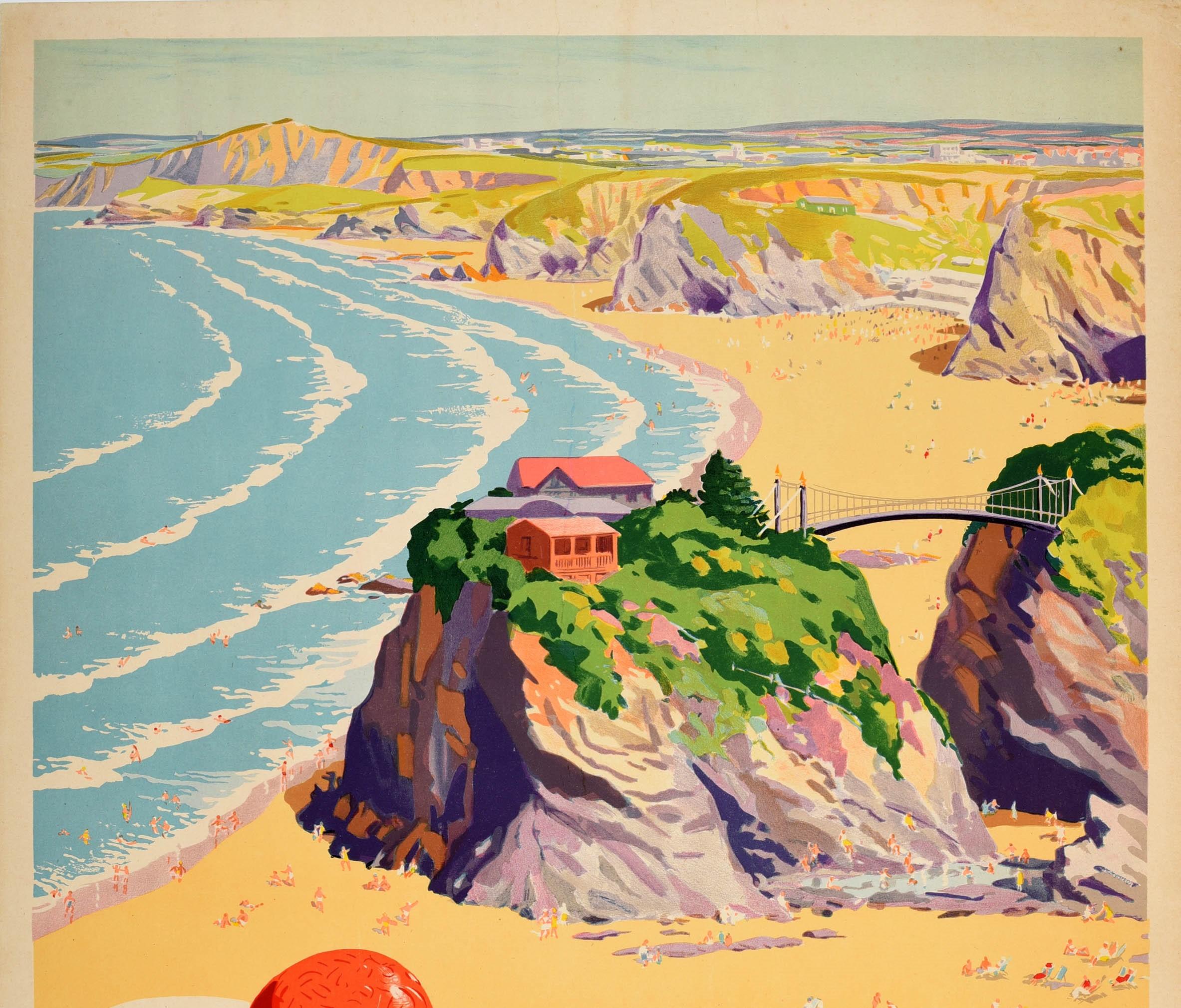 Original Vintage Poster Newquay Cornwall Coast British Railways Surfing Beach - Print by Arthur Harry Riley