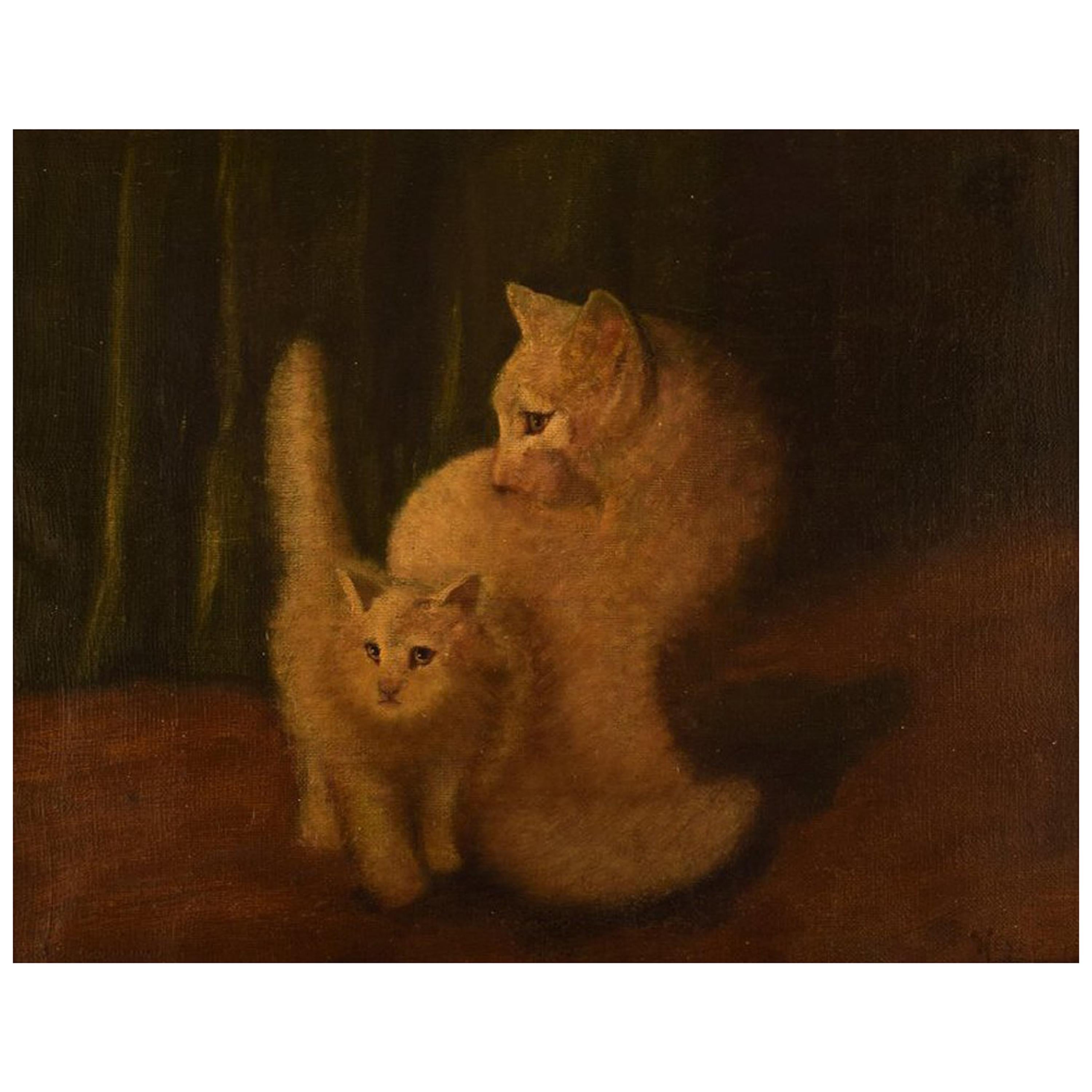 Arthur Heyer, Hungarian Artist, 2 White Cats, Oil on Canvas