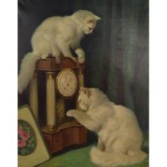 Arthur Heyer Hungarian Artist, Two White Cats in Interior