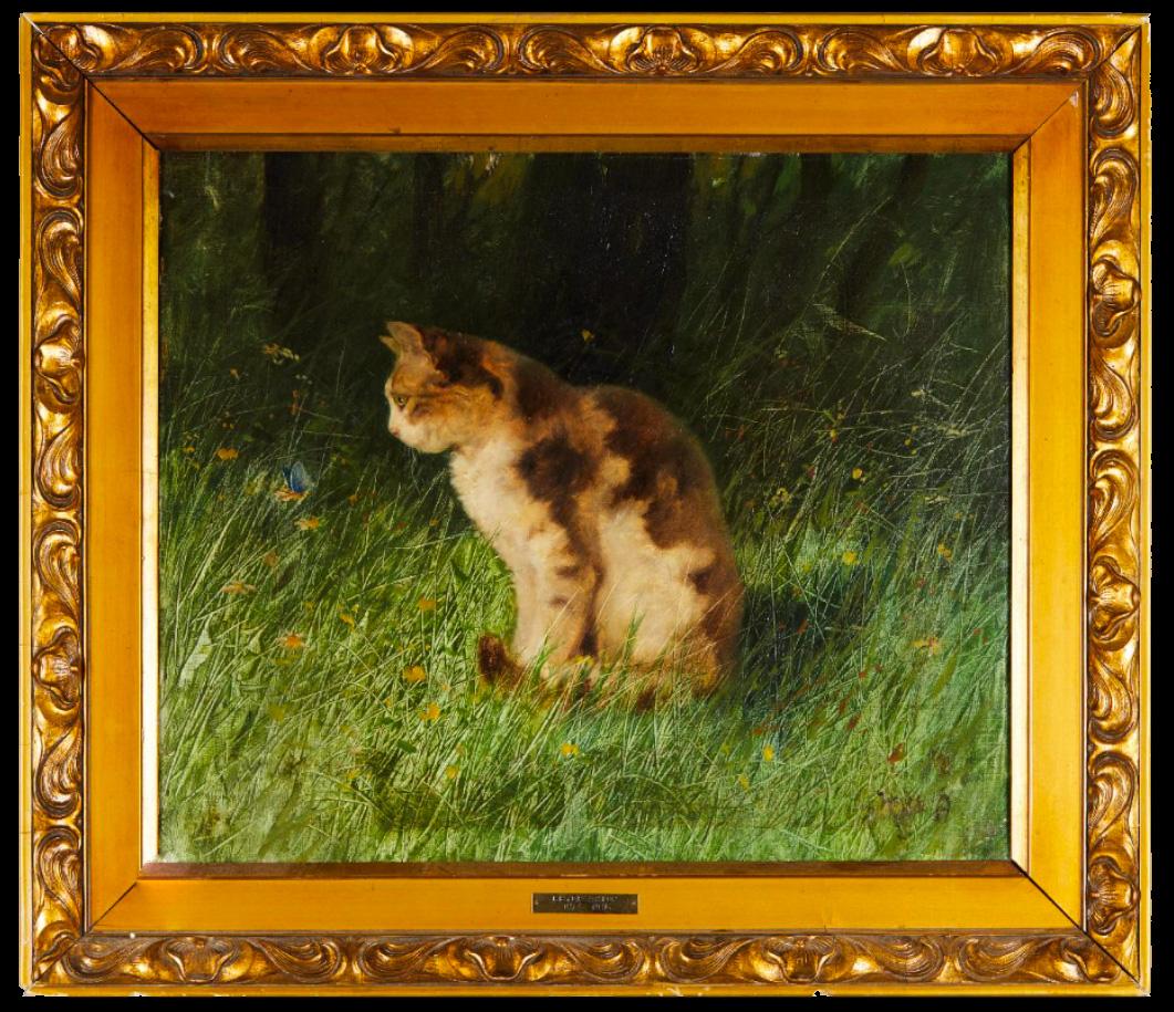 Peinture de chat ancienne « Cat with Butterfly in a Meadow » Arthur Heyer 1872-1931 en vente 1