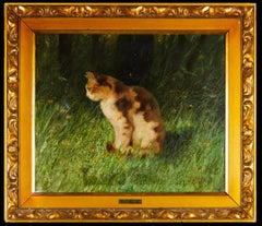 Antico dipinto di gatto "Gatto con farfalla in un prato" Arthur Heyer 1872-1931