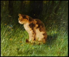 Antique Cat Painting "Cat with Butterfly in a Meadow" Arthur Heyer 1872-1931