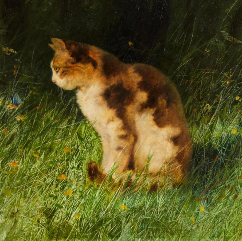 Antique Cat Painting "Cat with Butterfly in a Meadow" 
Arthur Heyer 1872-1931
Oil on canvas
Signed lower right "Heyer A." 
25 1/2 x 21 (29 1/4 x 33 1/2 frame) inches

From 1890 to 1895 Arthur Heyer studied at the Unterrichtsanstalt des