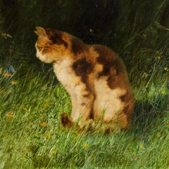 Pintura antigua sobre gatos "Gato con mariposa en un prado" Arthur Heyer 1872-1931