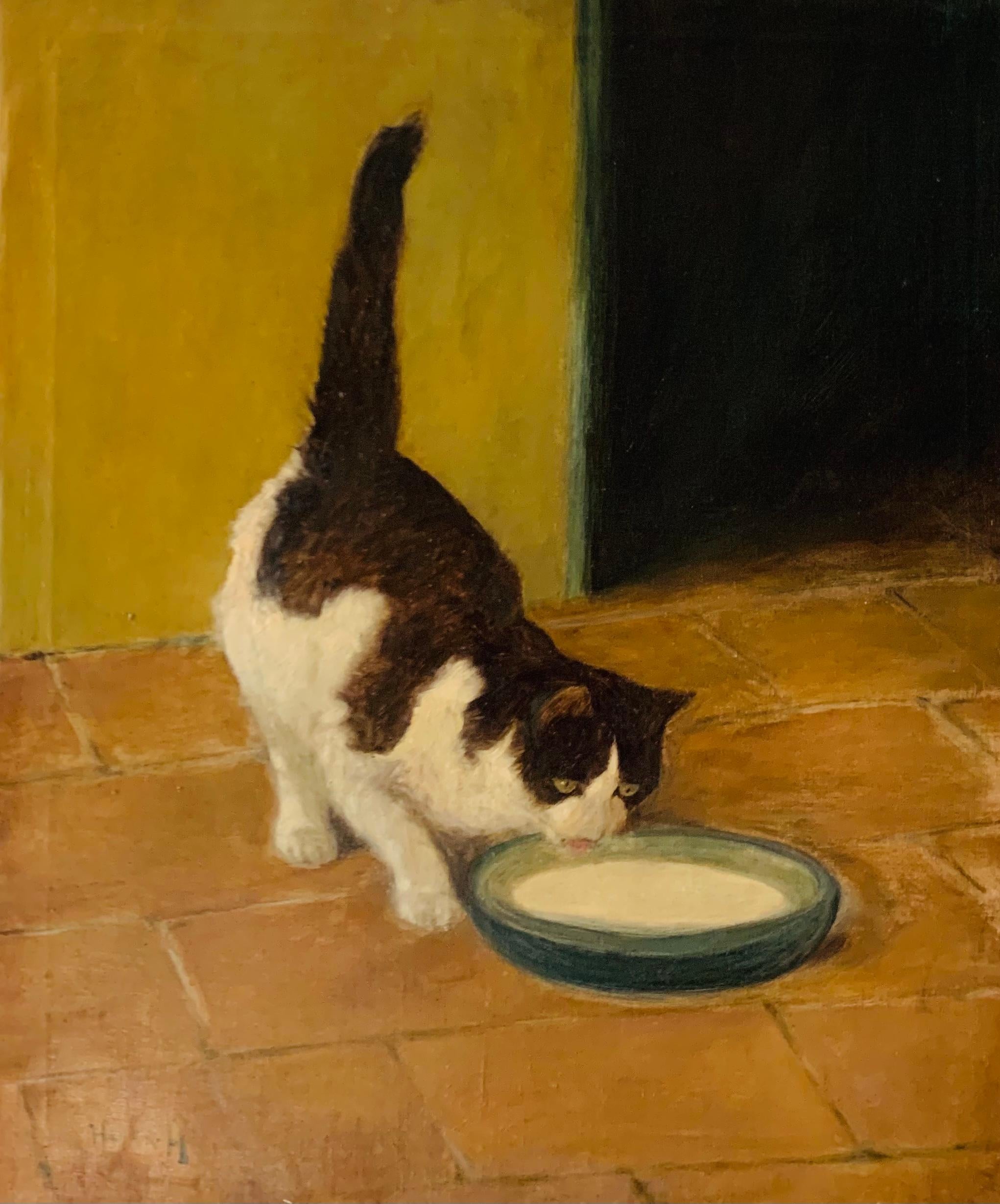 Un chat brun et blanc buvant du lait à partir d'un bol - Painting de Arthur Heyer