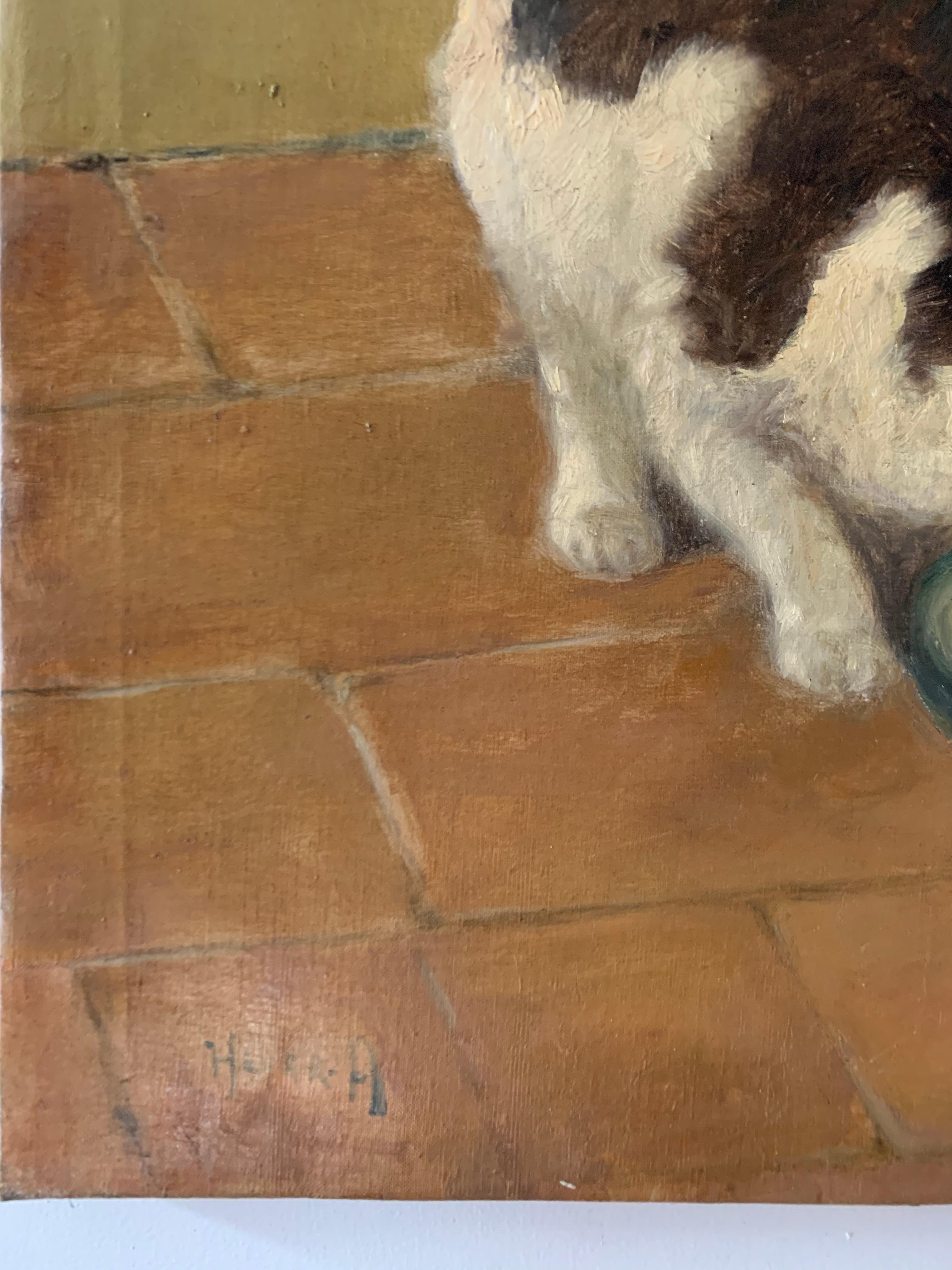 Un chat brun et blanc buvant du lait à partir d'un bol - Marron Animal Painting par Arthur Heyer