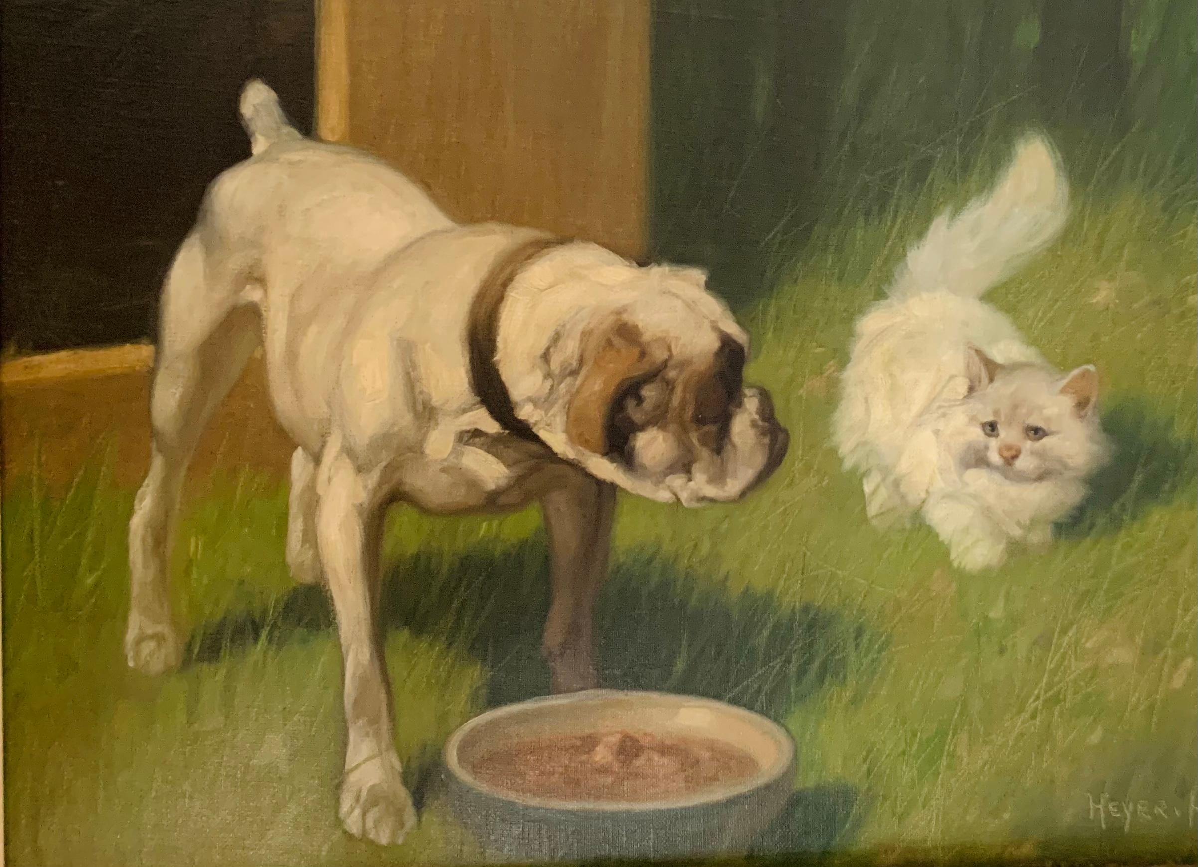 Dog Guarding Food Bowl From a Fluffy White Cat - Painting by Arthur Heyer