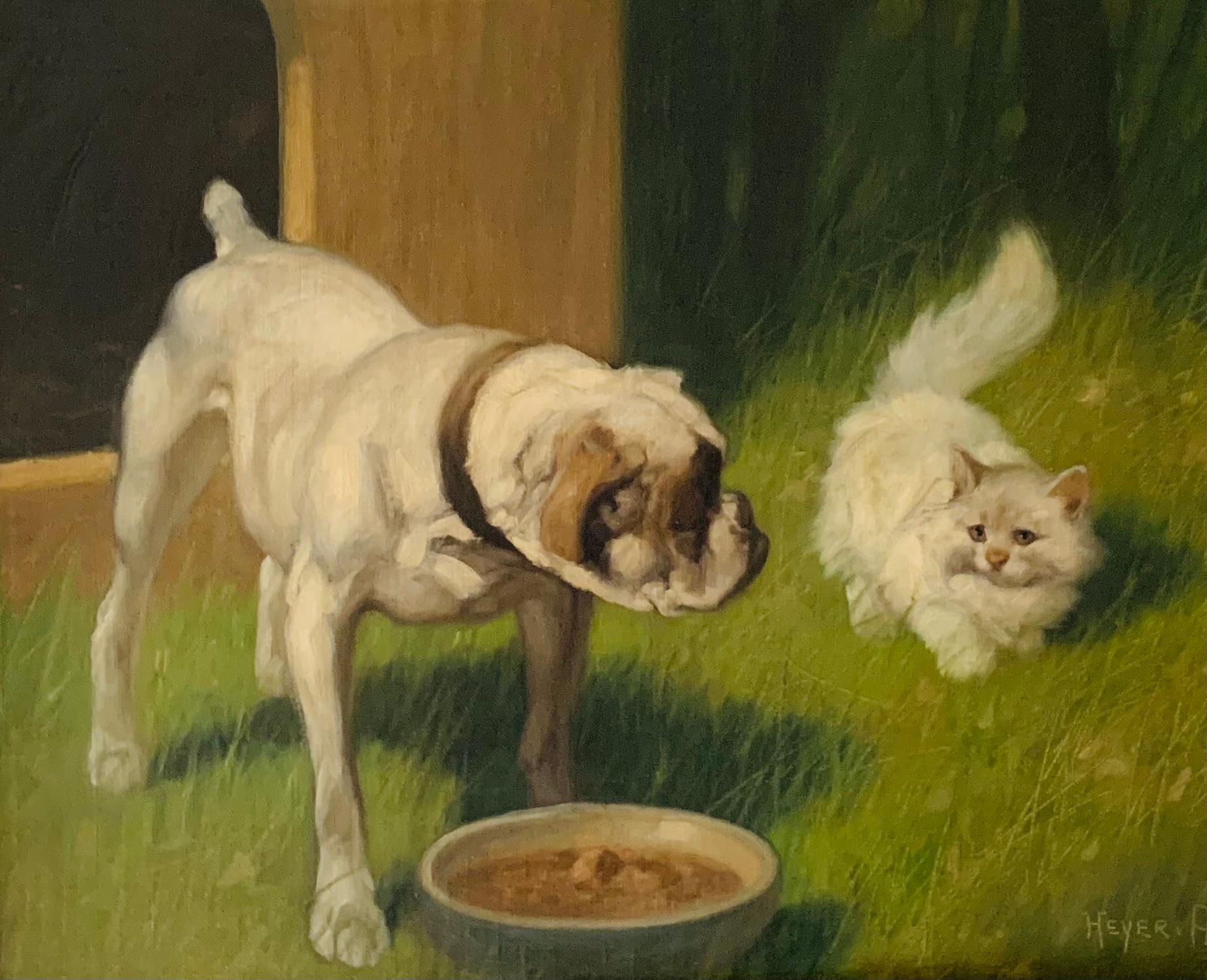 Bol à alimentation de garde pour chien provenant d'un chat blanc pelucheux - Marron Animal Painting par Arthur Heyer