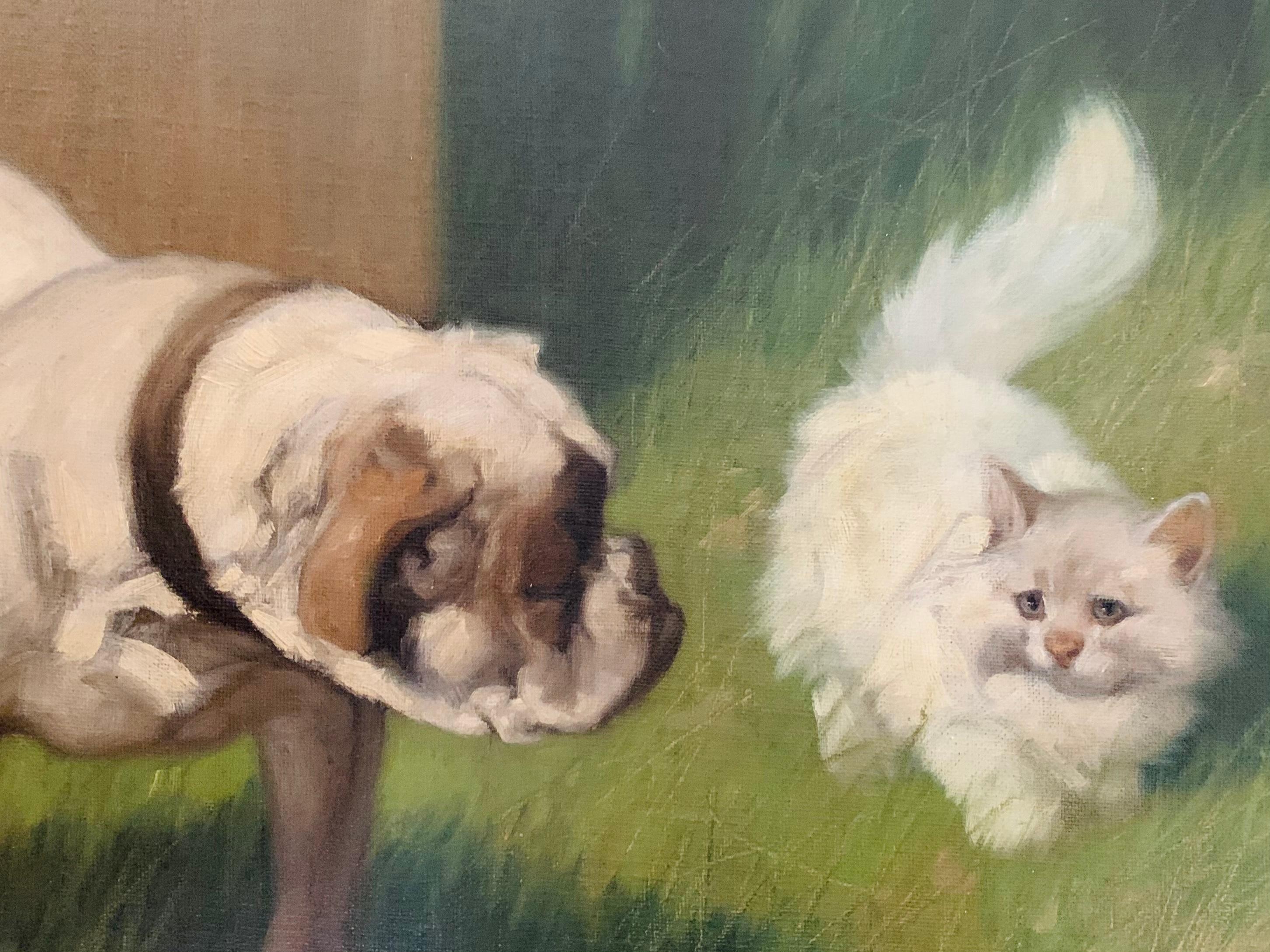 Dog Guarding Food Bowl From a Fluffy White Cat - Impressionist Painting by Arthur Heyer