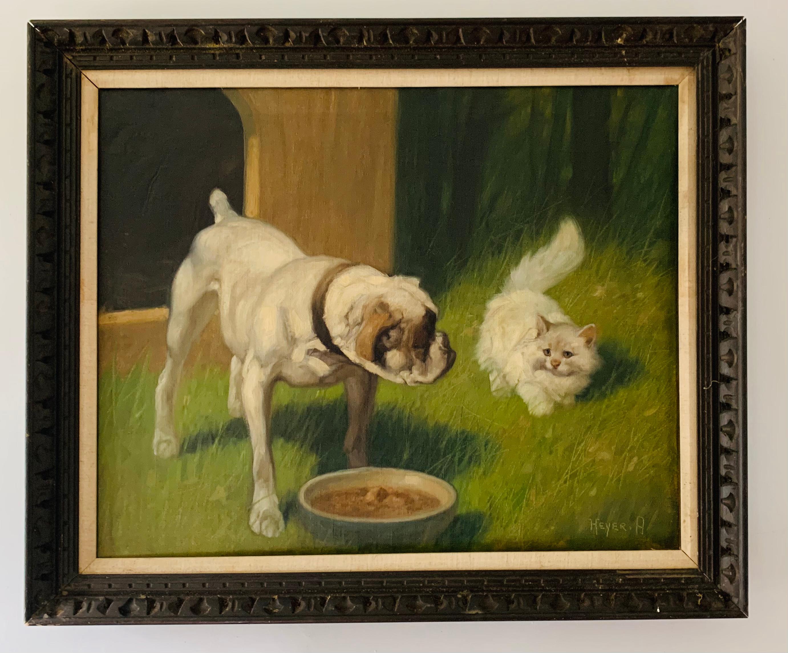 Arthur Heyer Animal Painting - Dog Guarding Food Bowl From a Fluffy White Cat