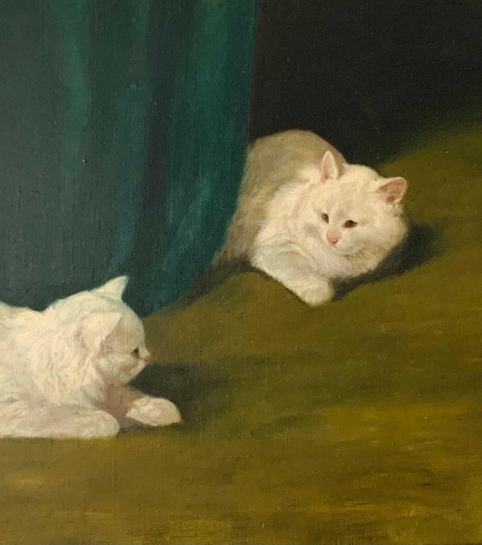 Two White Cats Relaxing Among Green Curtains by Arthur Heyer For Sale 1