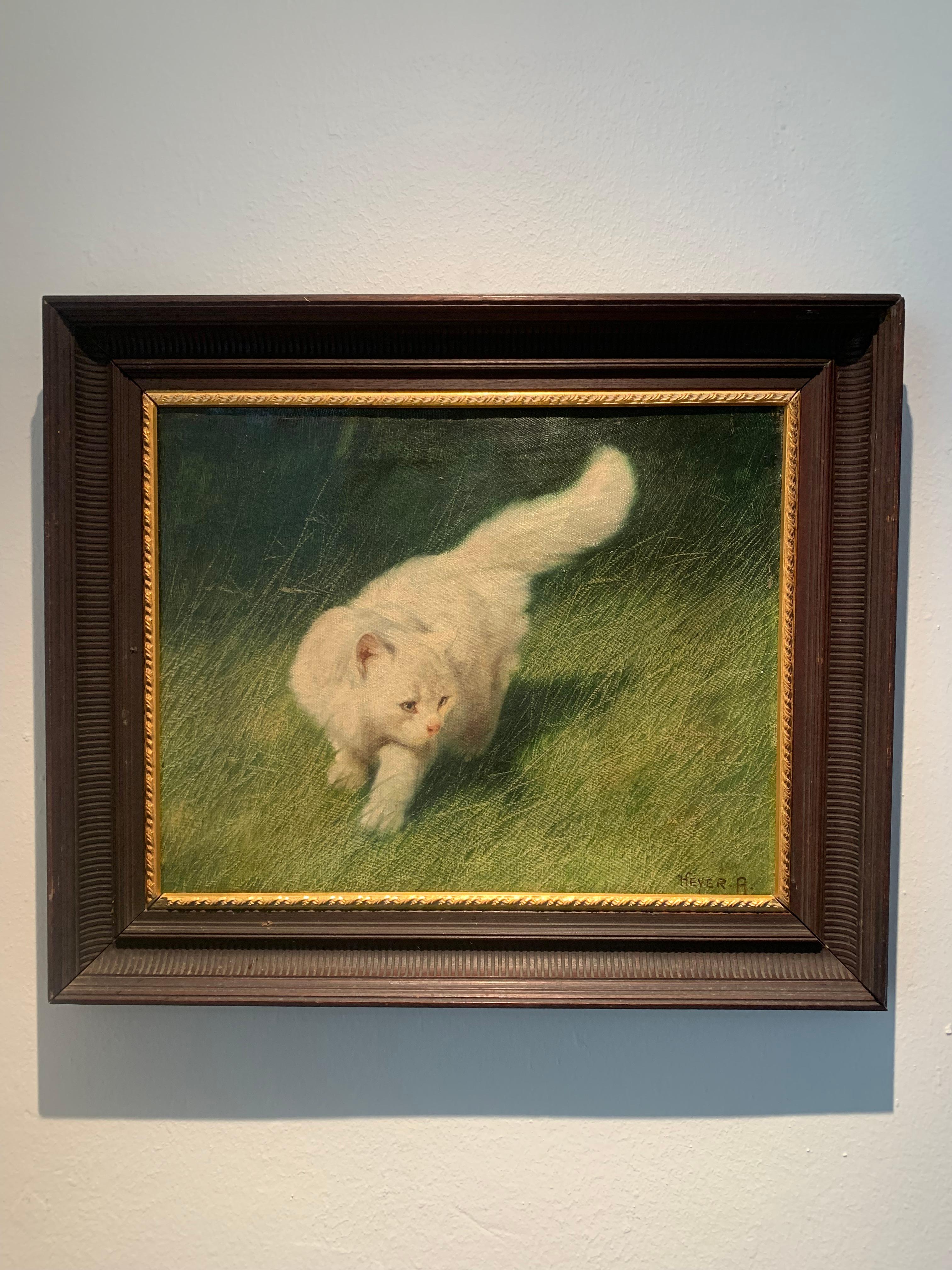 'Gatto bianco nell'erba alta' di Arthur Heyer, pittura a olio su tela in vendita 1