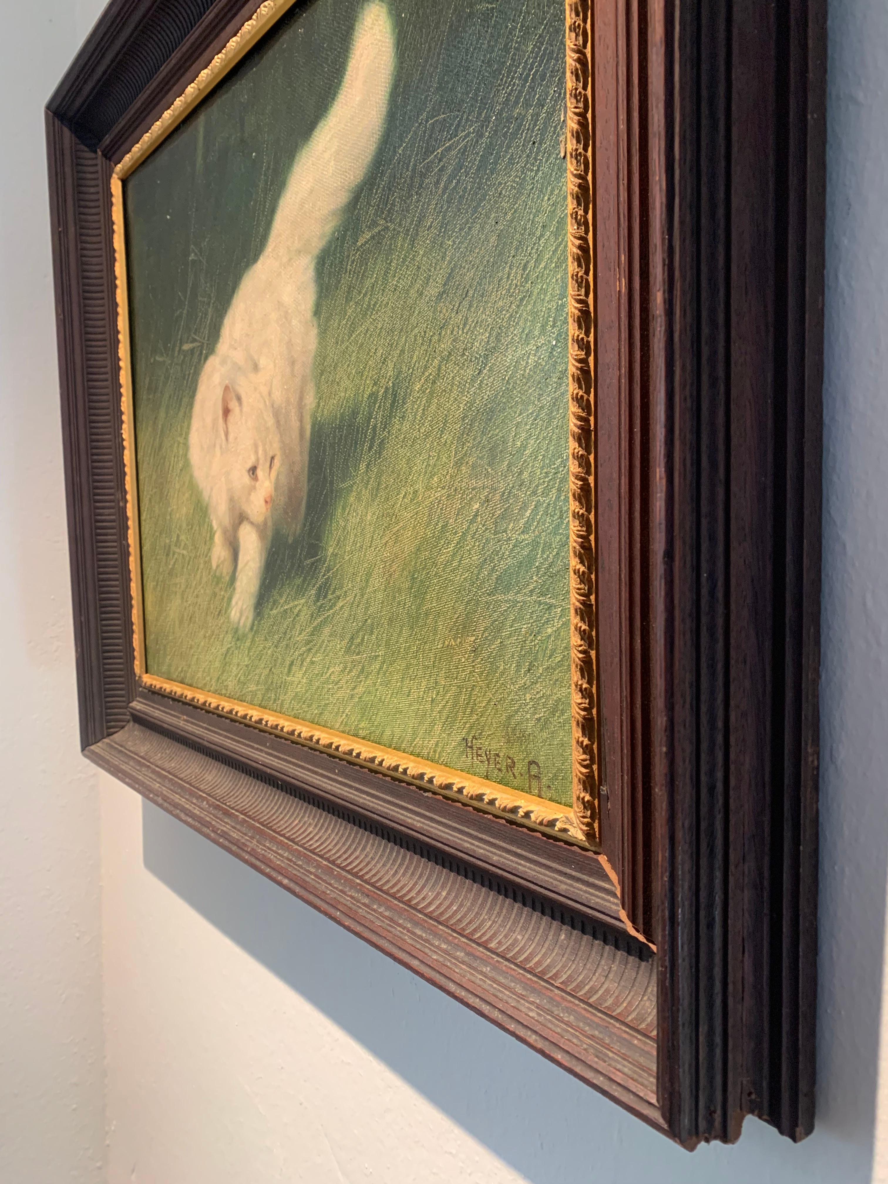 'Gatto bianco nell'erba alta' di Arthur Heyer, pittura a olio su tela in vendita 5