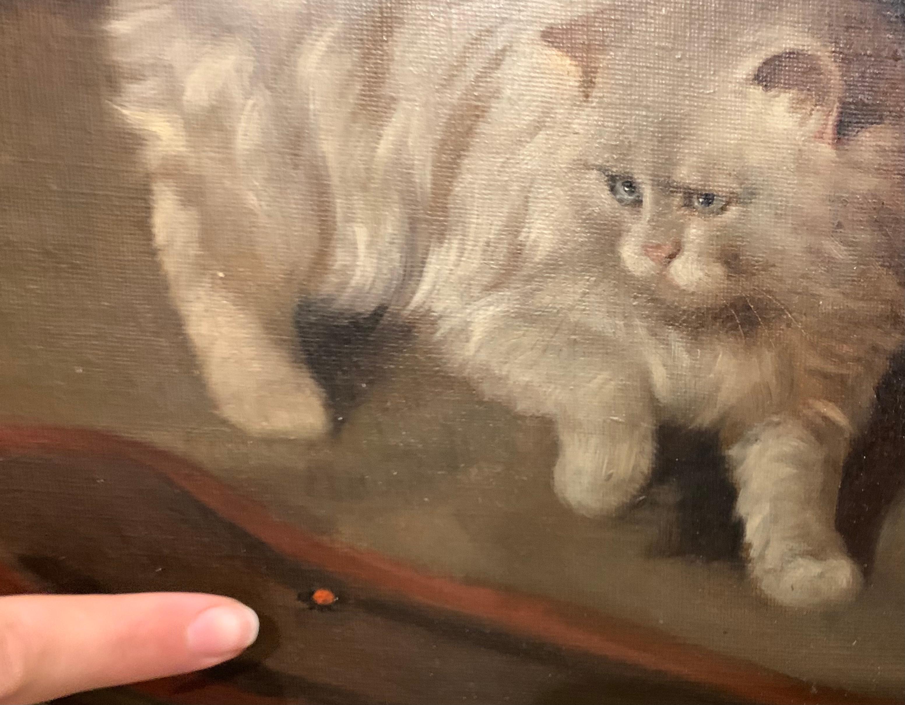 White Fluffy Cat With One Raised Paw Stalking a Bug on the Floor - Painting by Arthur Heyer