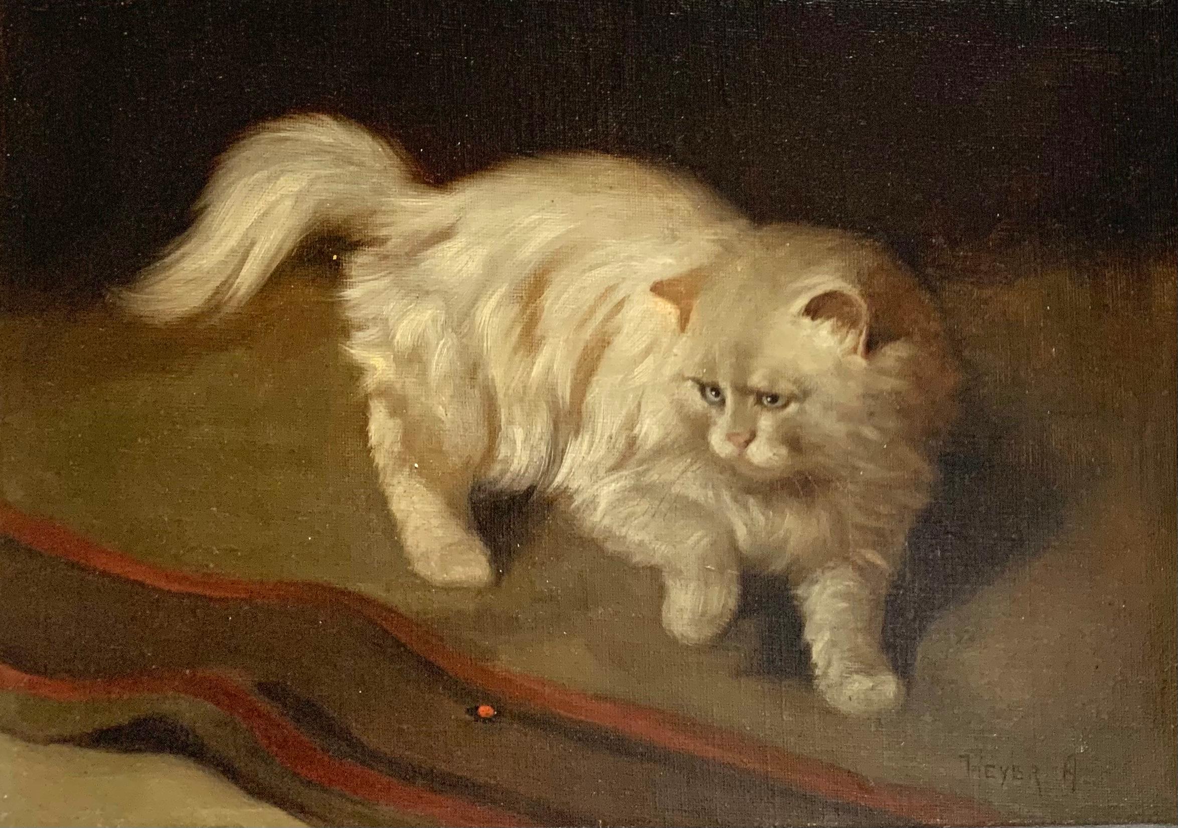 Arthur Heyer Animal Painting - White Fluffy Cat With One Raised Paw Stalking a Bug on the Floor