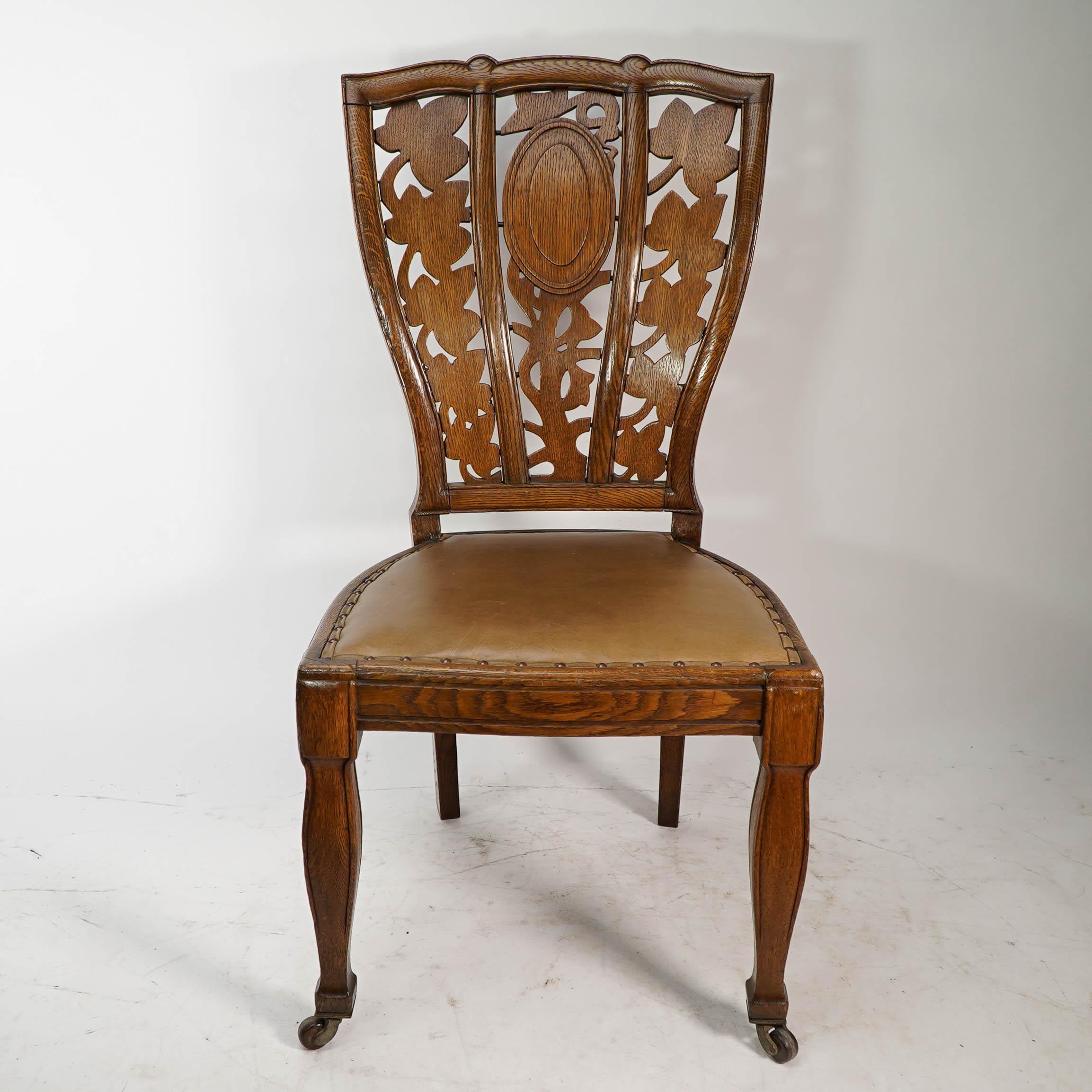 Arthur Heygate Mackmurdo (1851-1942), a highly important oak chair, with an Art Nouveau floral back.
Mackmurdo's influence in Europe is recognized as having produced the earliest examples of Art Nouveau, particularly in the styling of a chair-back