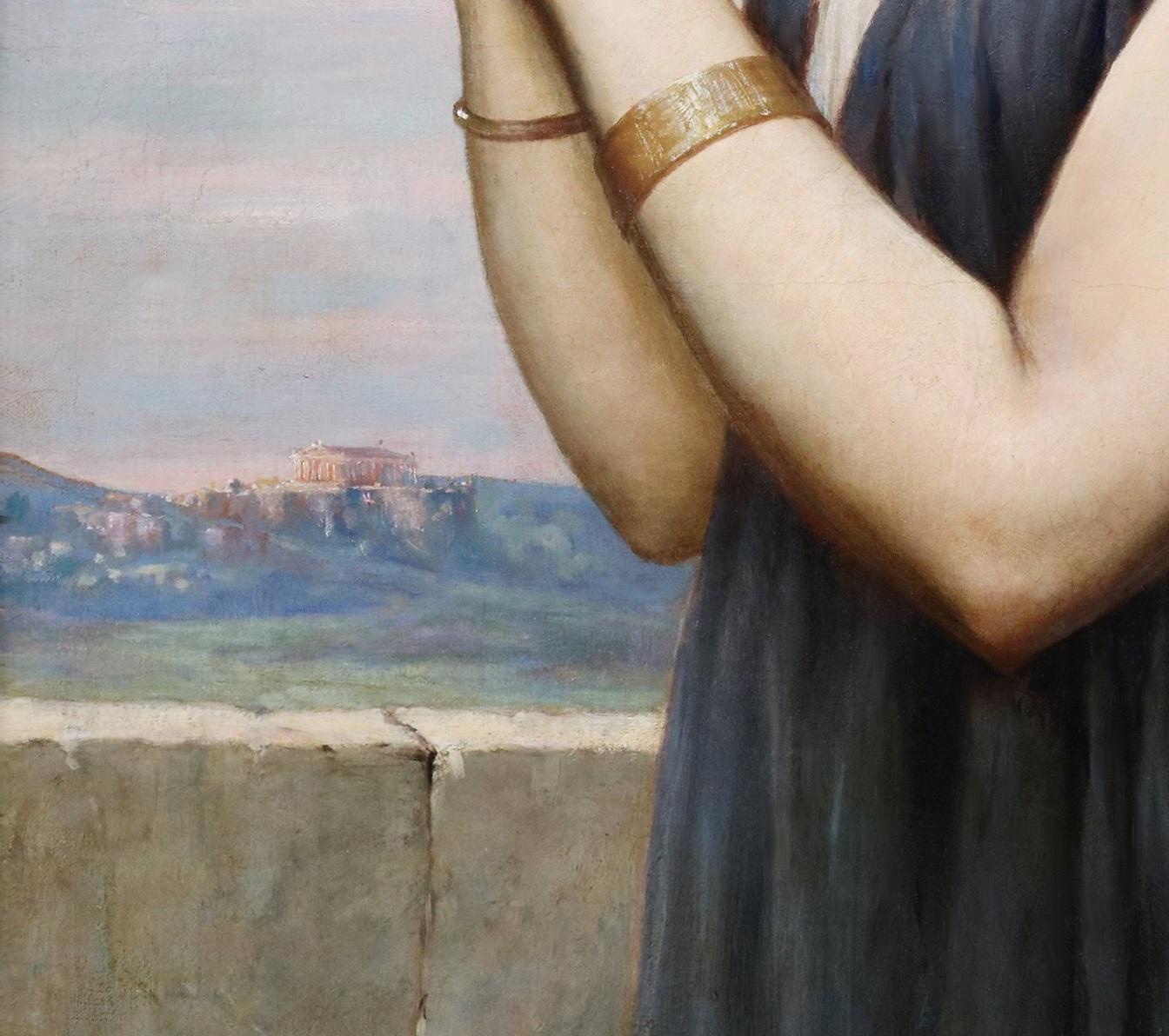 ‘Melancholic Sappho’ by Arthur Hill RBA (1841-1908).

The painting – which depicts the celebrated poet of Ancient Greece appealing to the Goddess Aphrodite, with the Parthenon on the Hill of the Muses above the city of Athens in the background – is