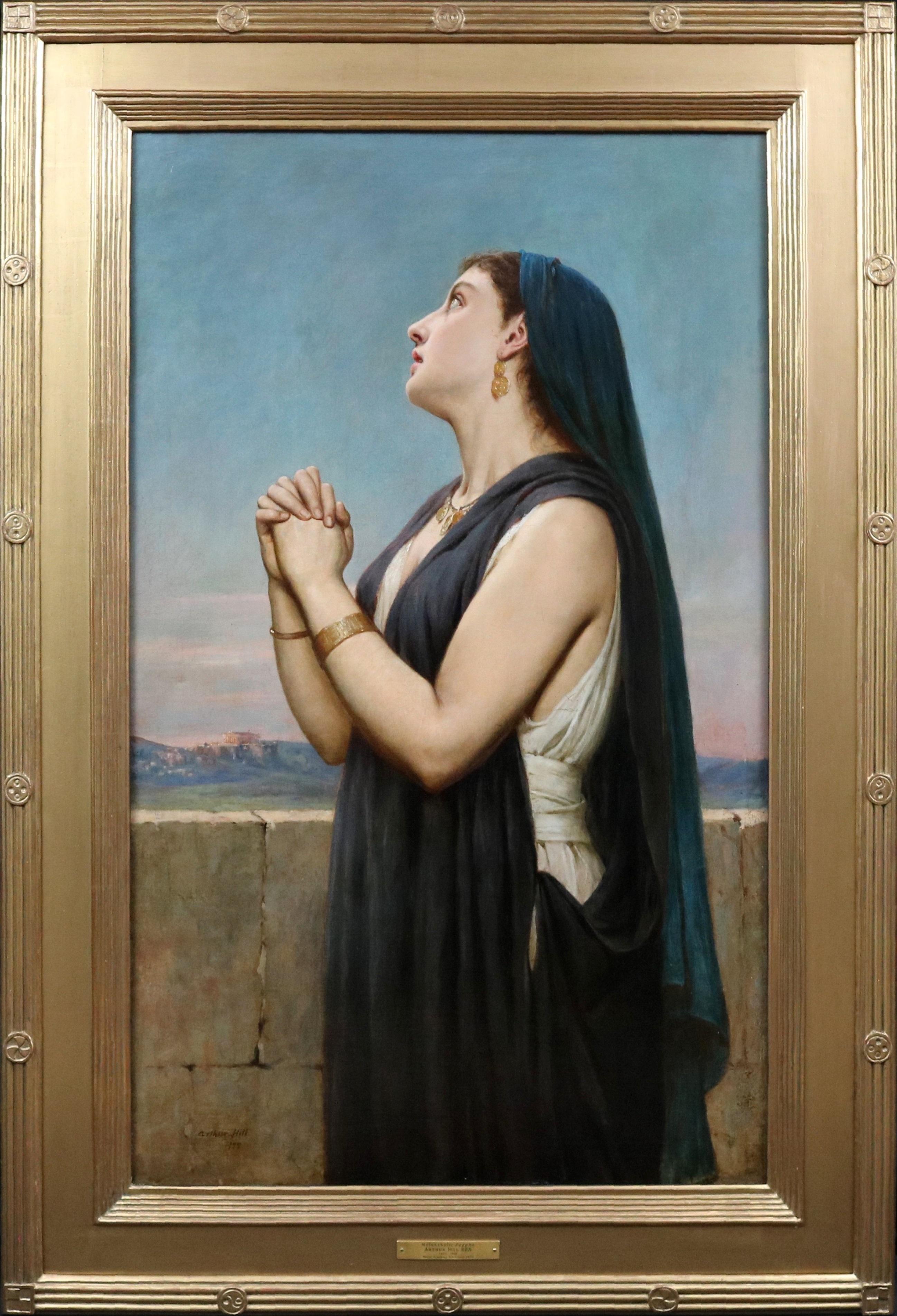 Sappho, grande peinture à l'huile préraphalite du 19e siècle représentant une déesse grecque - Painting de Arthur Hill R.B.A.