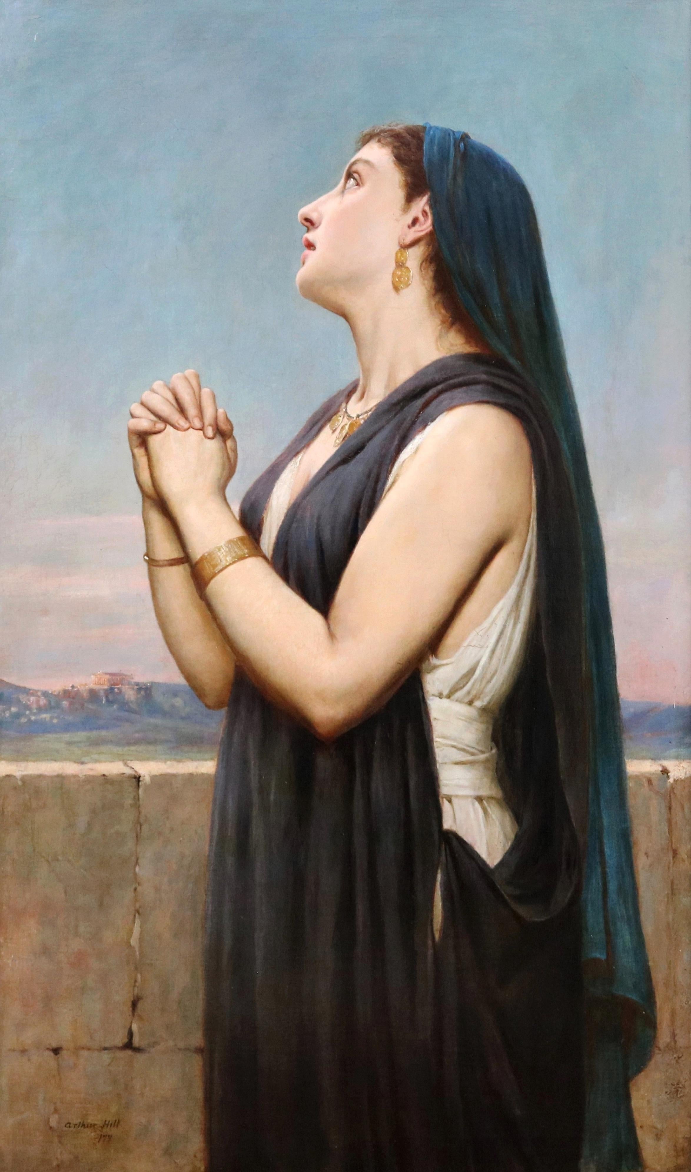 Melancholic Sappho - Großes präraffalites Ölgemälde griechischer Göttin aus dem 19. Jahrhundert (Präraphaelismus), Painting, von Arthur Hill R.B.A.