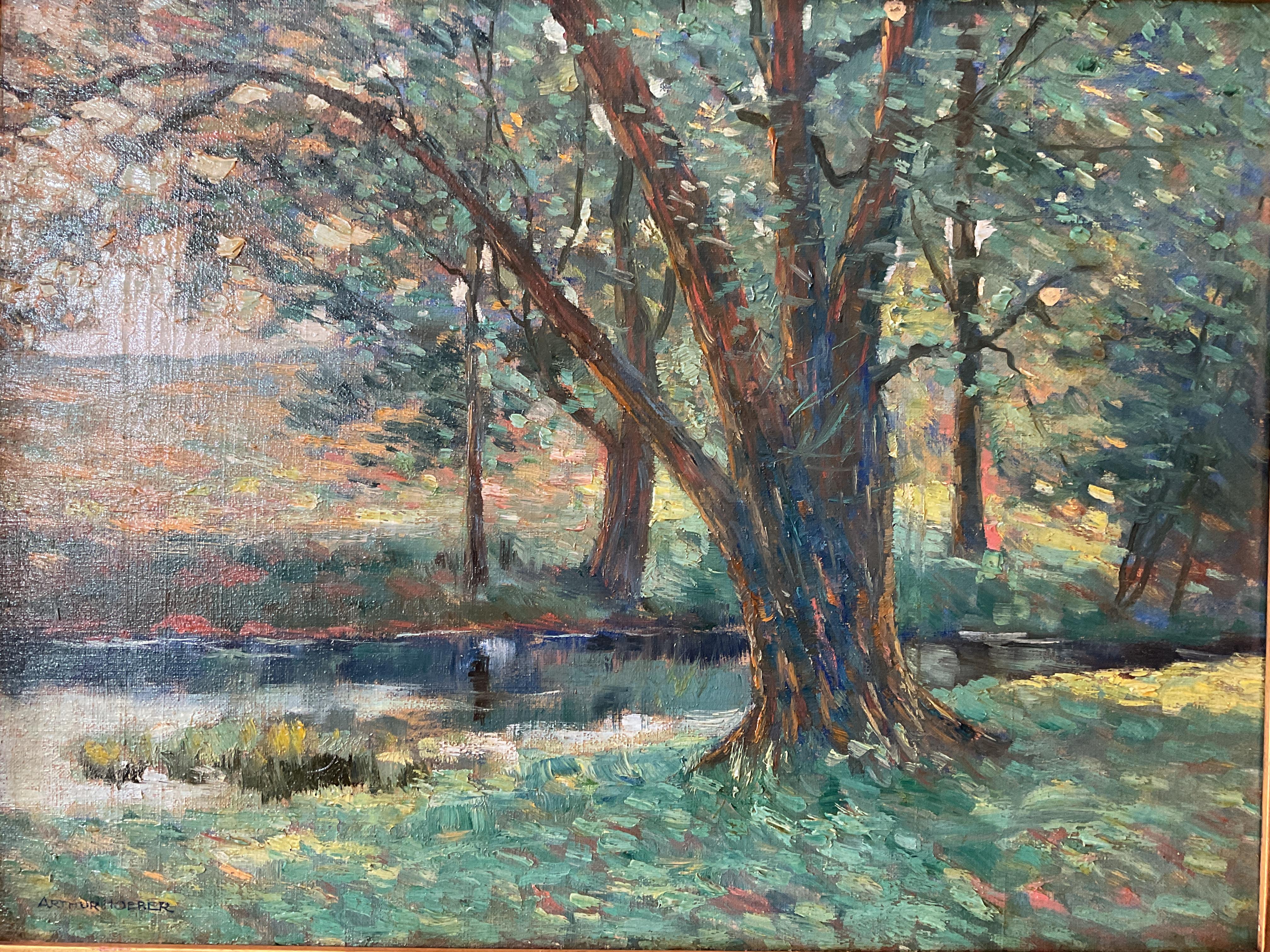Peinture de paysage impressionniste américaine ancienne Willow d'Arthur Hoeber en vente 1