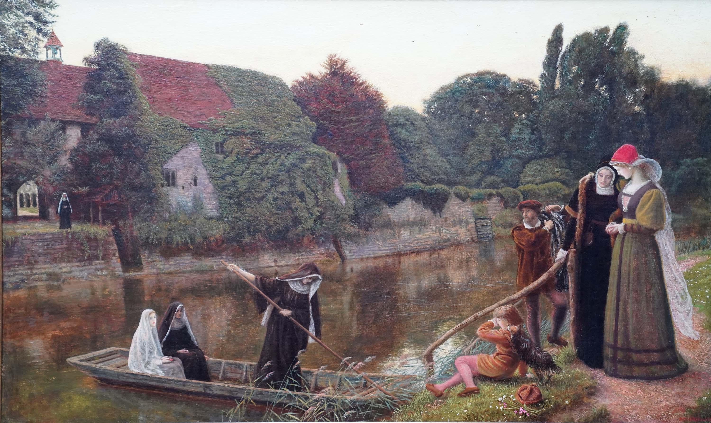 La barca del convento - dipinto a olio religioso dell'arte preraffaellita britannica - Painting di Arthur Hughes