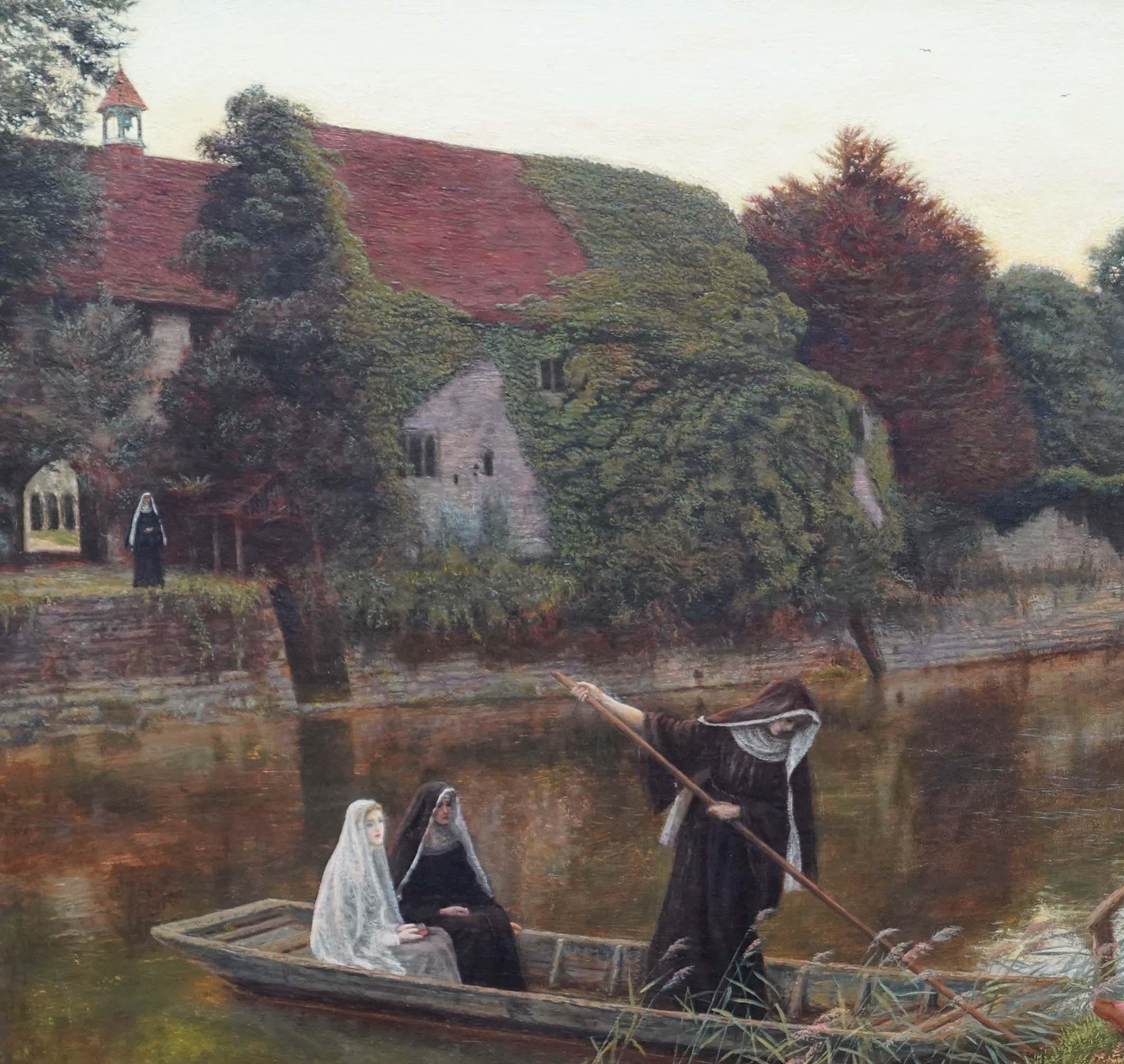 La barca del convento - dipinto a olio religioso dell'arte preraffaellita britannica - Painting Preraffaellita di Arthur Hughes