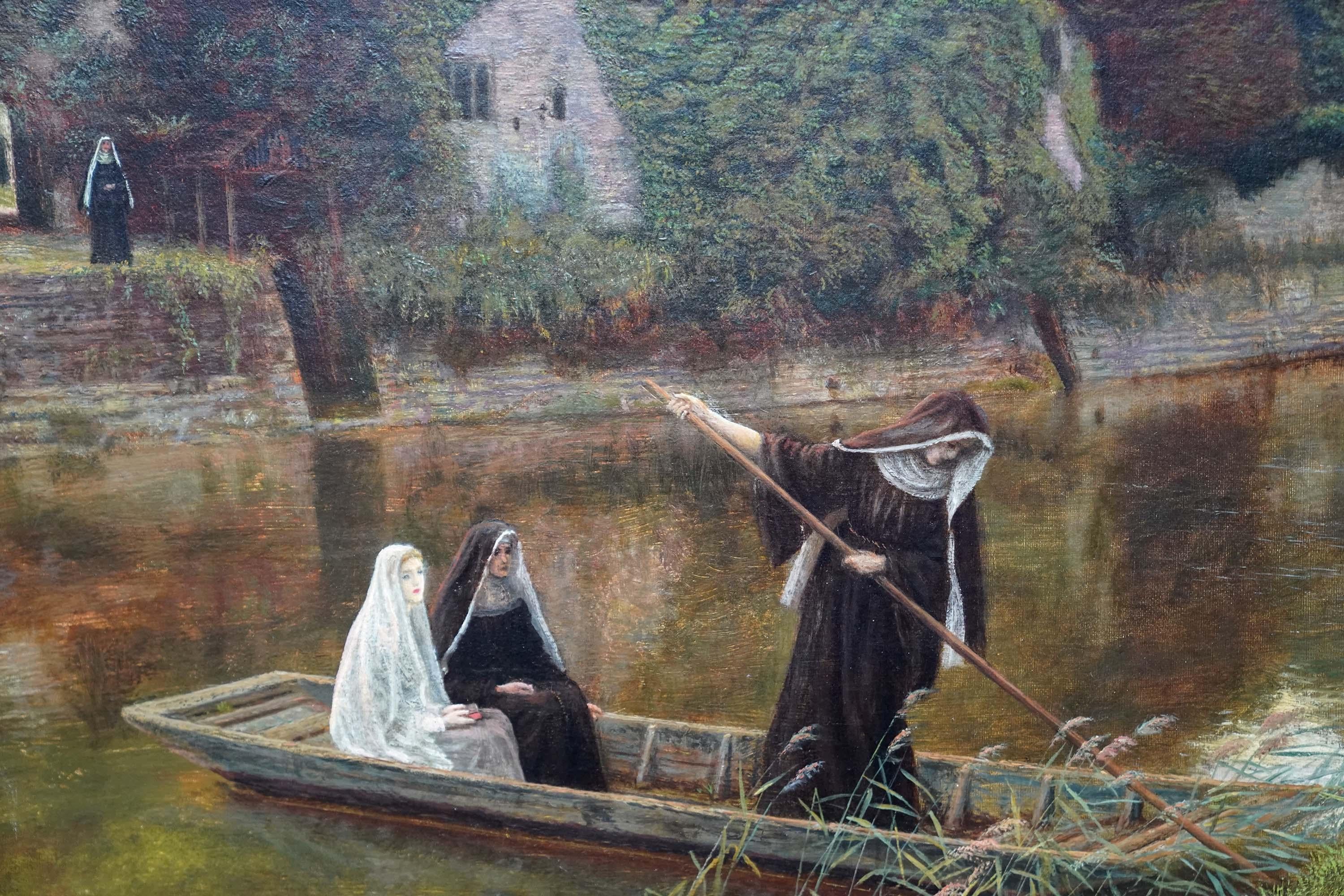 La barca del convento - dipinto a olio religioso dell'arte preraffaellita britannica - Figurative Painting Marrone di Arthur Hughes