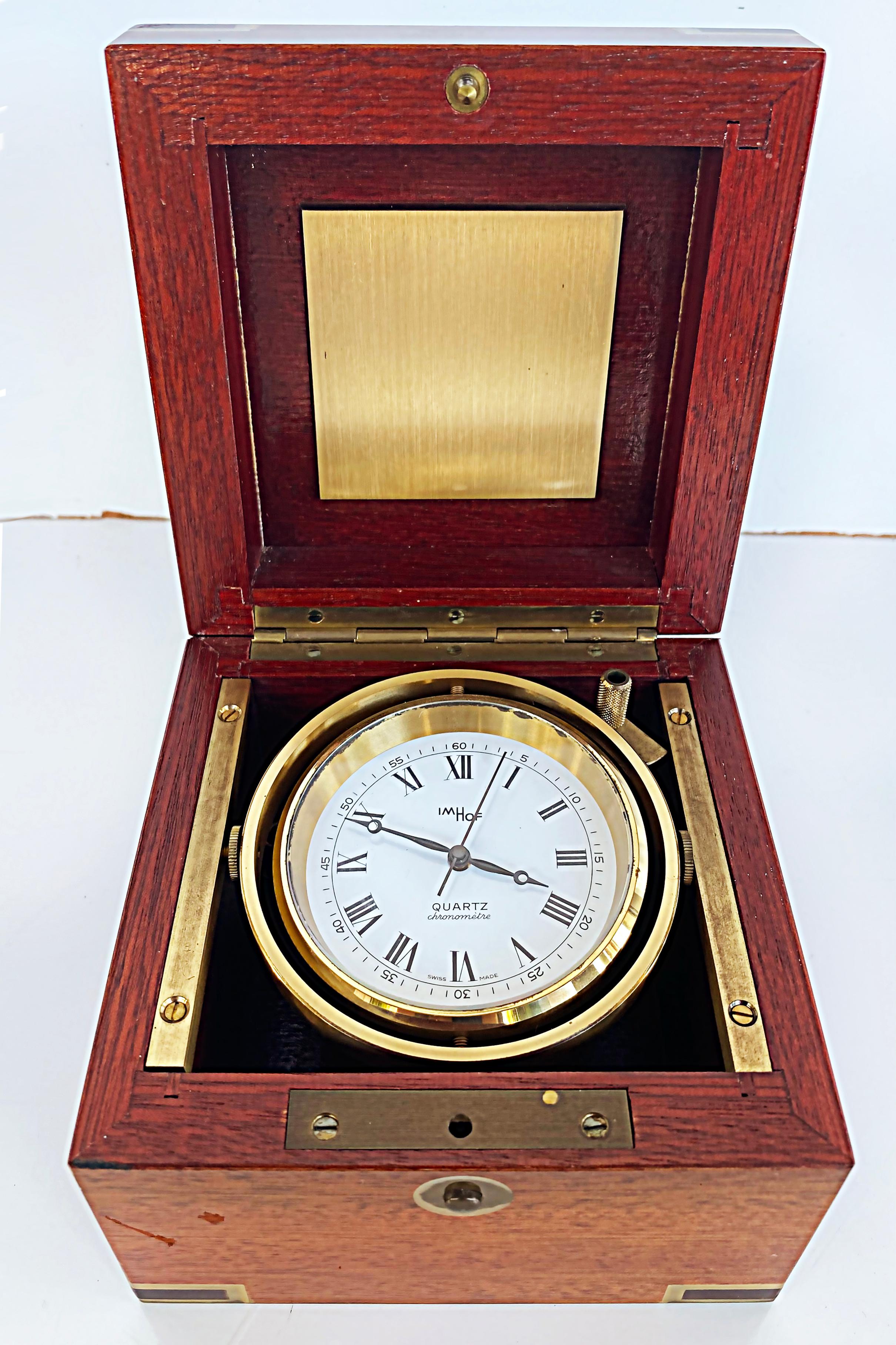 Arthur Imhof Swiss nautical chronometer in brass, wood case, 20th century

Offered for sale is an Arthur Imhof Swiss nautical chronometer encased in a brass and wood box and retaining original tag with serial #1842425. Arthur IMHOF SA was founded