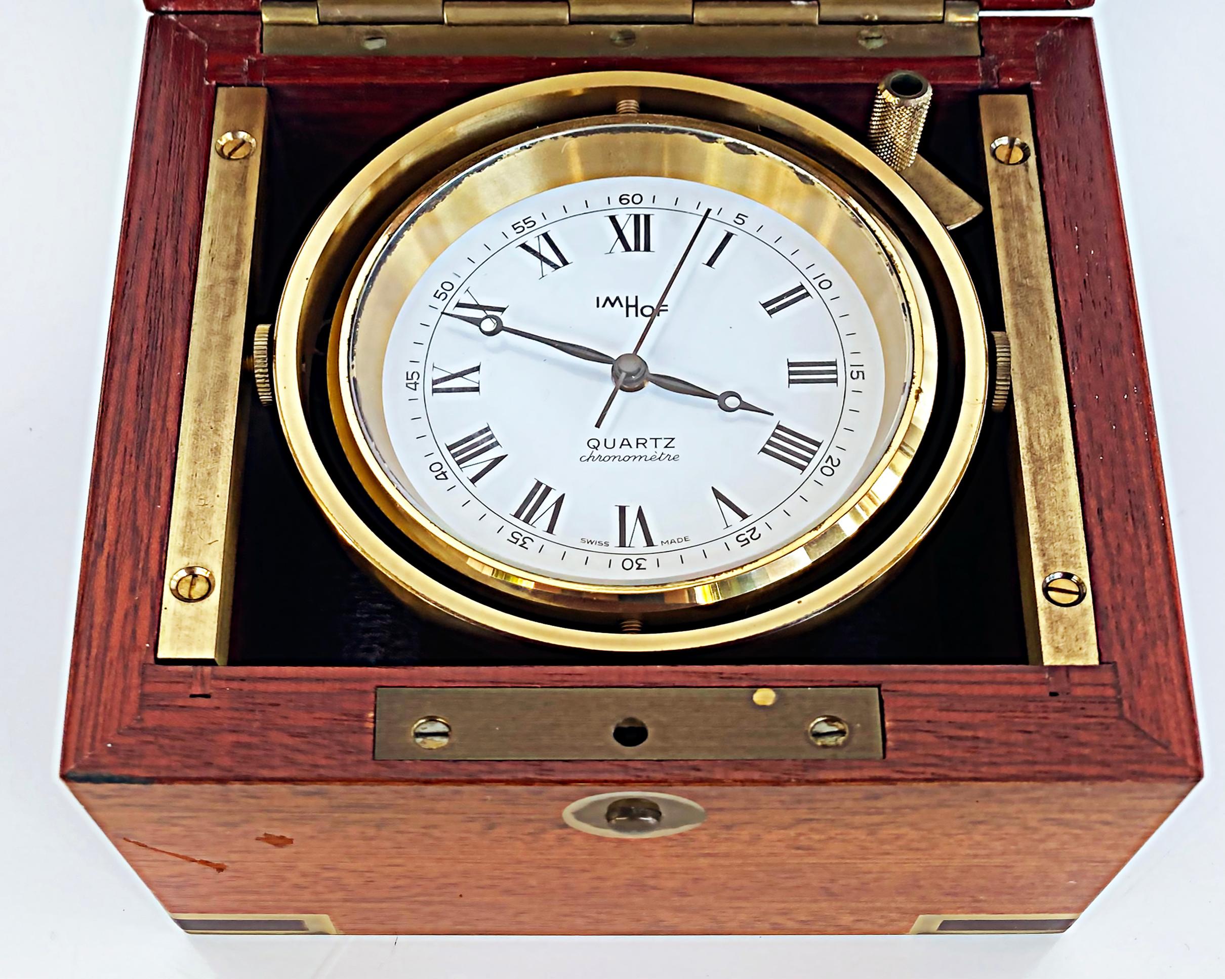 Enameled Arthur Imhof Swiss Nautical Chronometer in Brass, Wood Case, 20th Century
