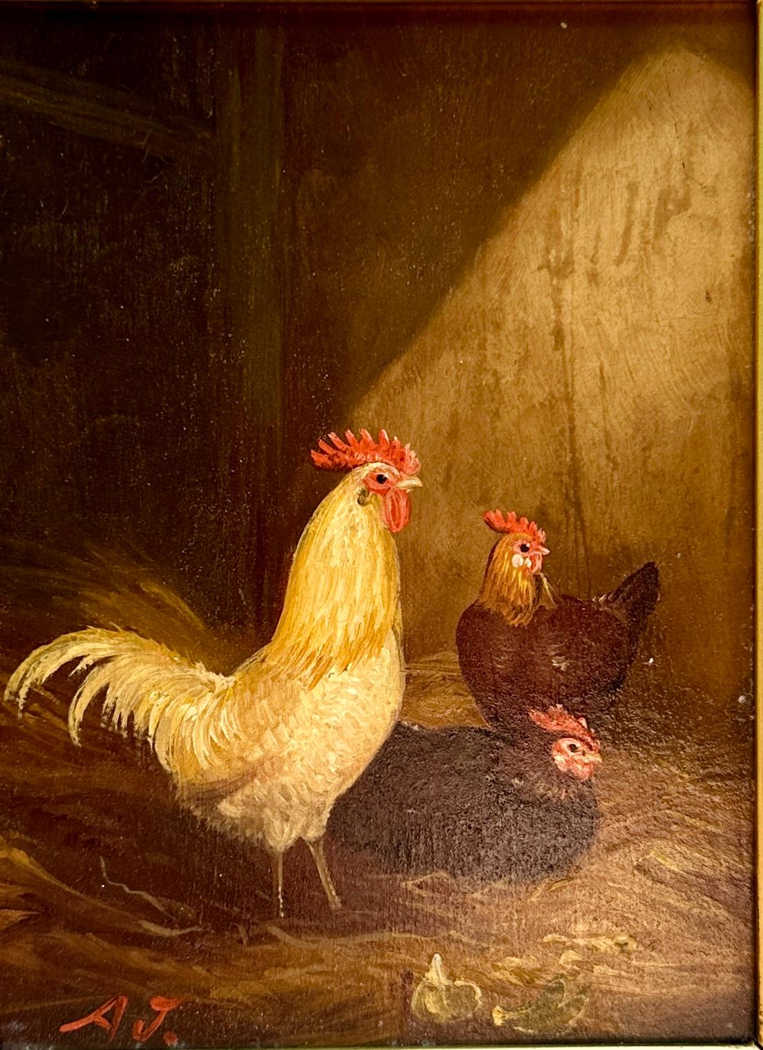 Pollos Victorianos ingleses del siglo XIX en una escena de granero con Gallo y Gallinas - Painting de Arthur Jackson 