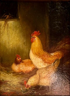 19th century English Victorian chickens in a barn scene with Rooster and Hens