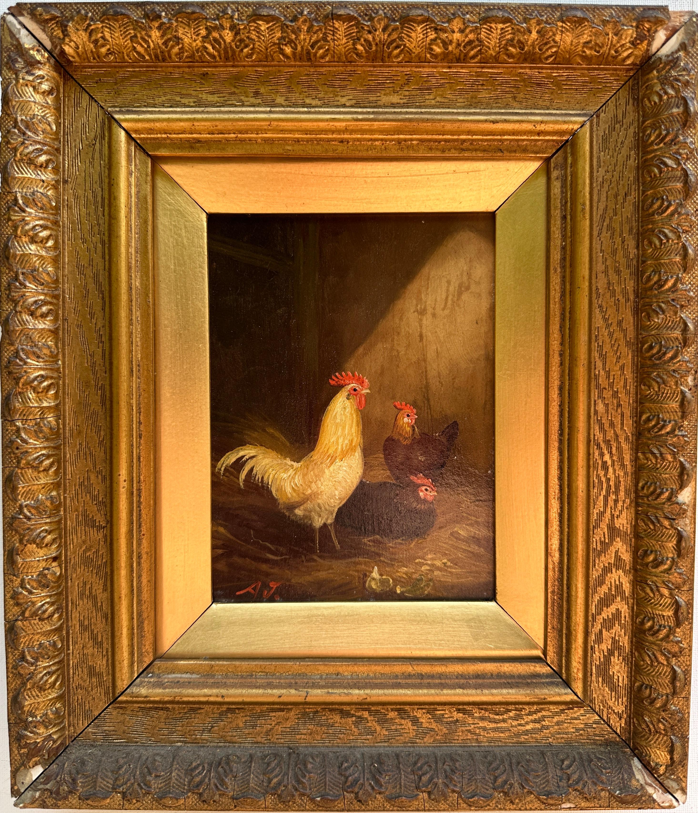 19th century English Victorian chickens in a barn scene with Rooster and Hens