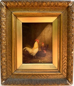 19e siècle Anglais Victorien poulets dans une grange avec coq et poules