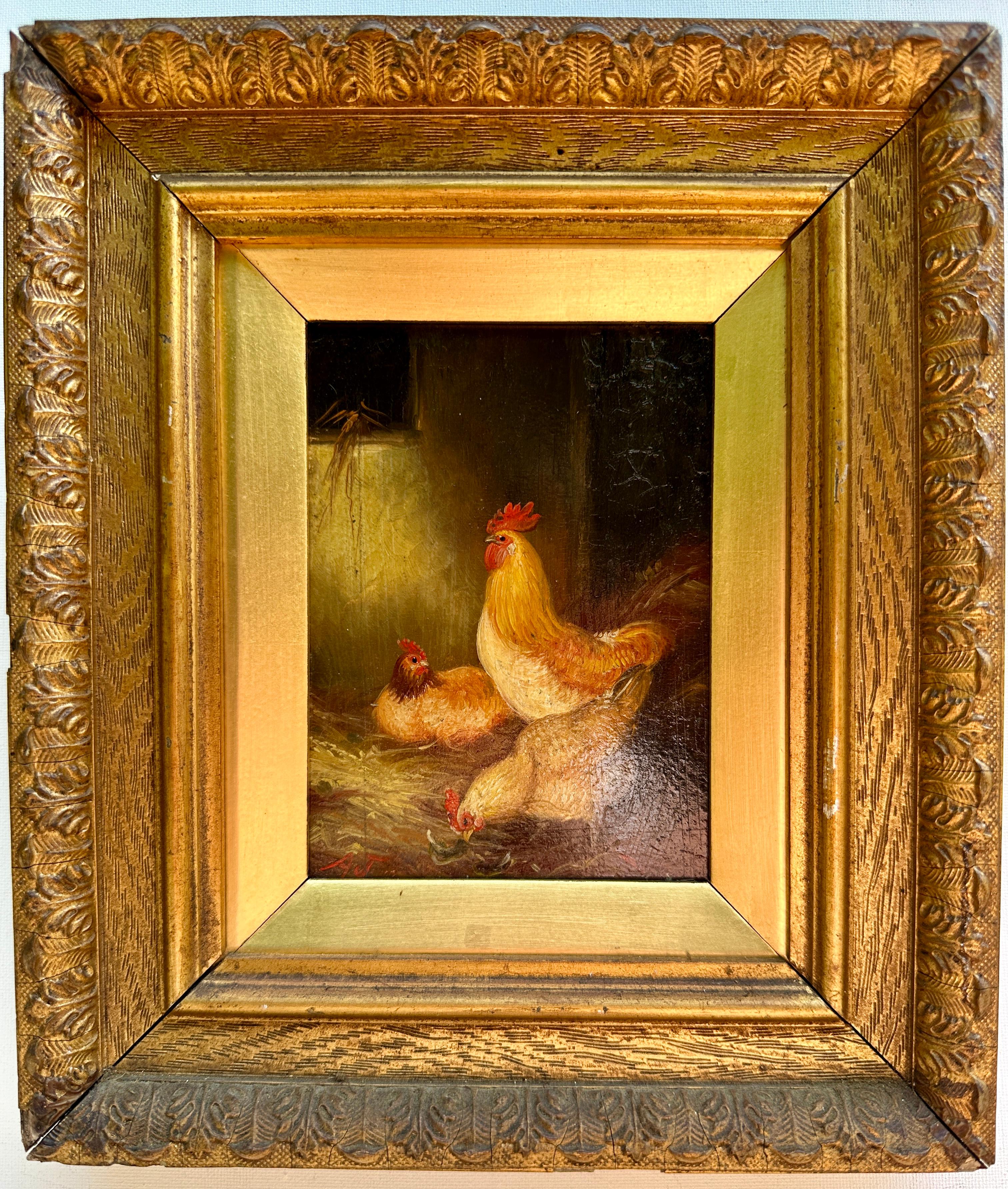 19th century English Victorian chickens in a barn scene with Rooster and Hens