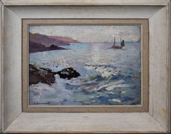 Antique American Impressionist Sunset Seascape Harbor Sailing Coast Oil Painting