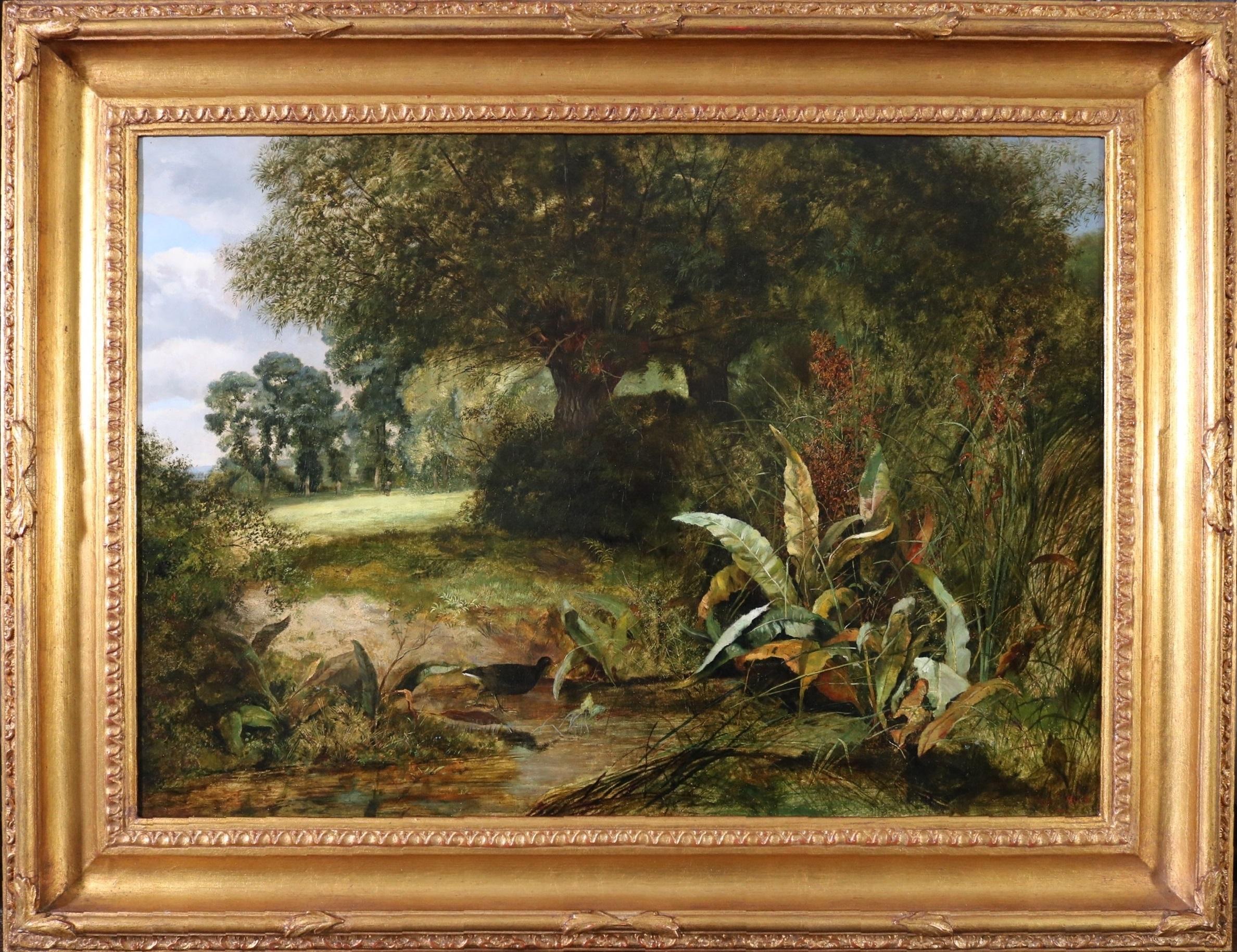 ‘A Quiet Nook’ by Arthur James Stark (1831-1902). The painting – which depicts a moorcock wading in the shallows of a stream in an English woodland landscape – is signed by the artist and was exhibited at the Royal Academy in London in 1857. It was