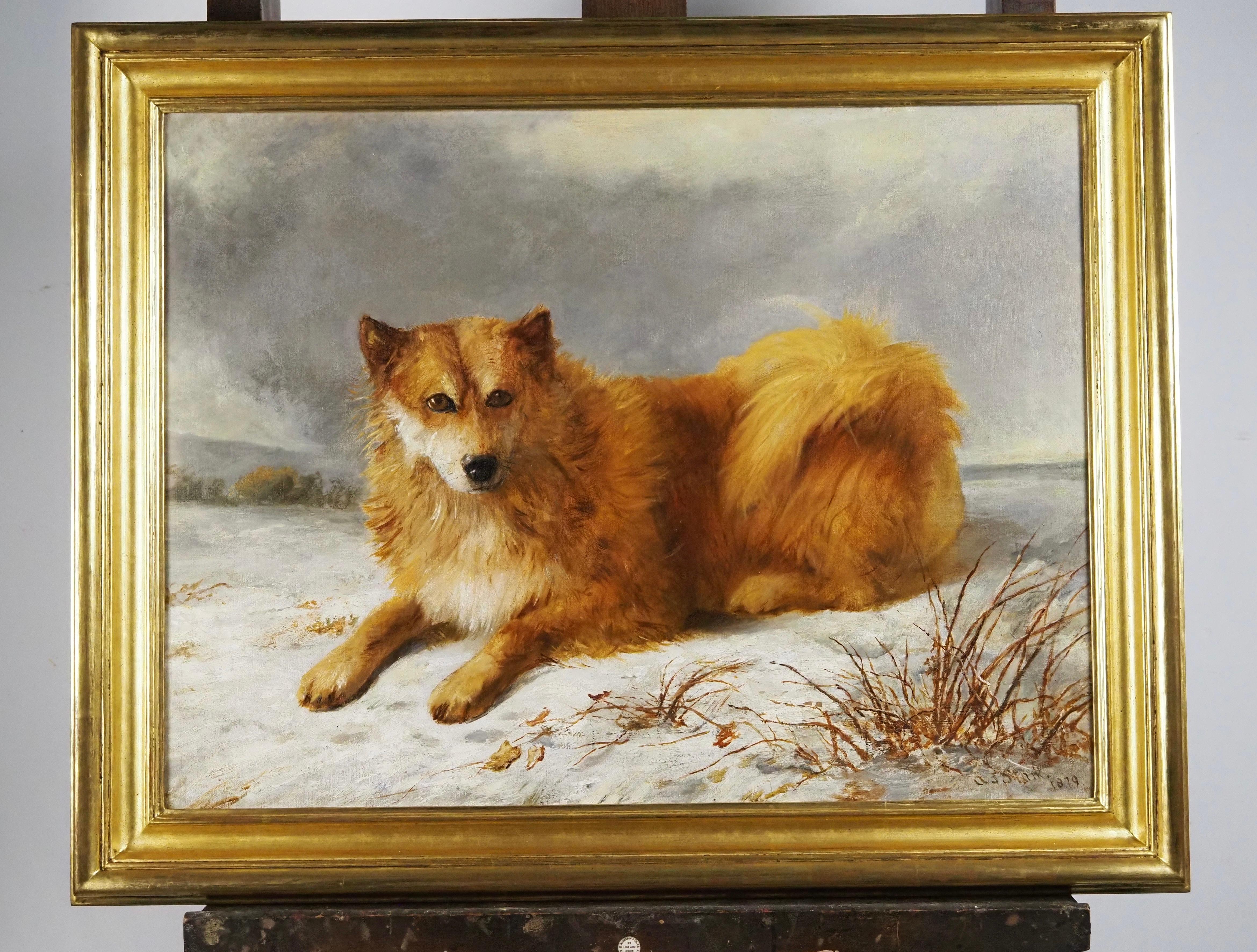 A Husky in a snowy landscape - Victorian Painting by Arthur James Stark